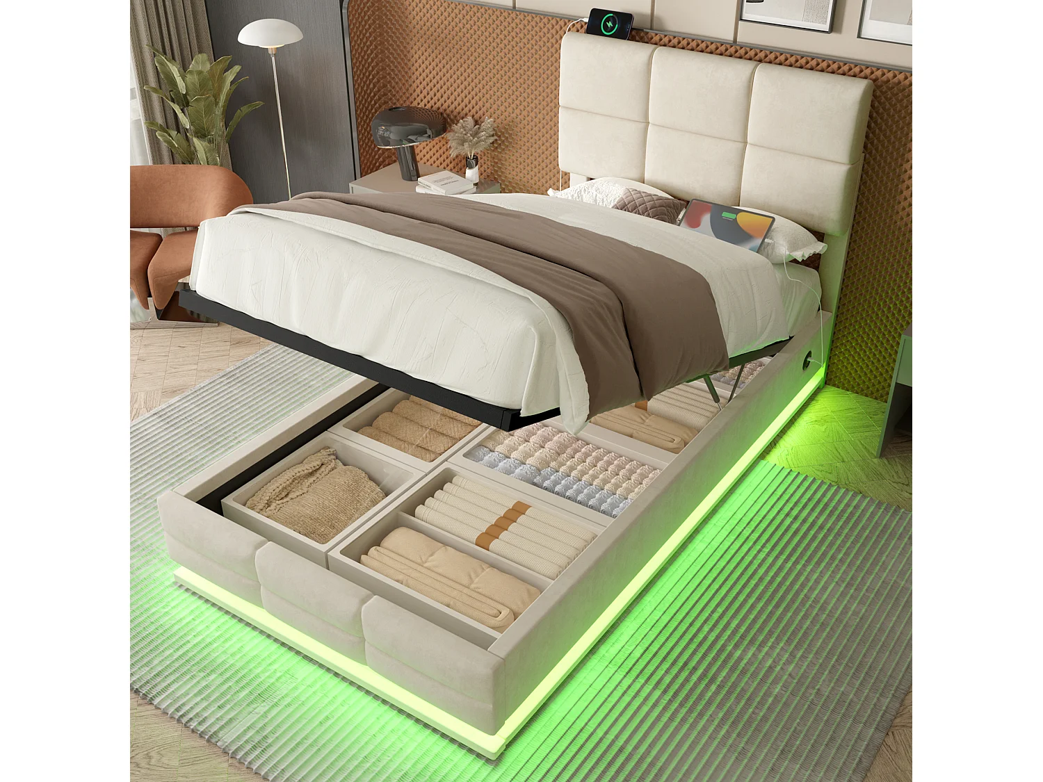Łóżko dla dorosłych 90x200 cm - z oświetleniem LED i portem USB - beżowy aksamit - bez materaca 4824384 - obrazek 1