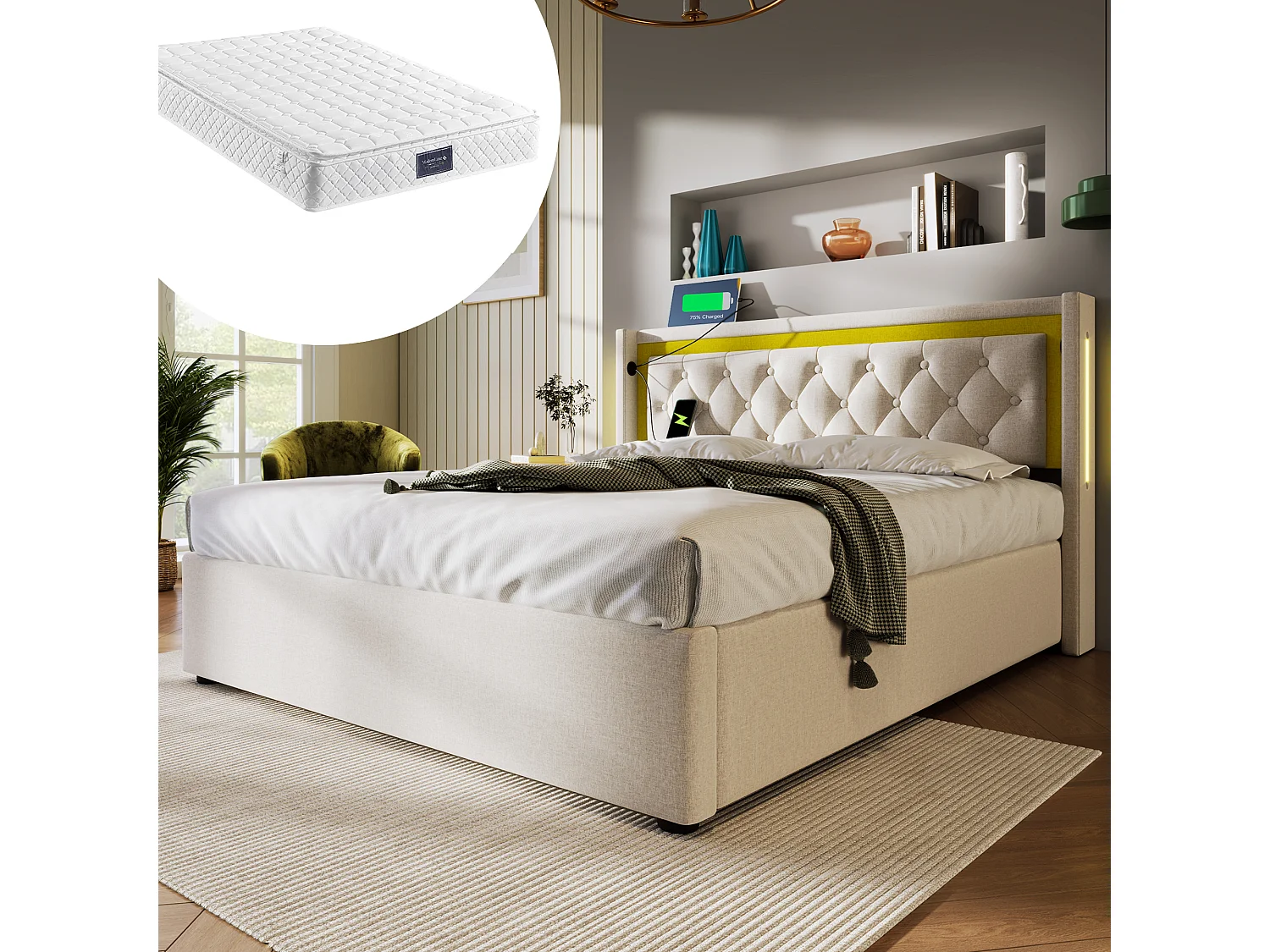 Łóżko dla dorosłych 140×200 – z zagłówkiem, USB/typu C, LED, stelażem – beżowe – materac w cenie 4824408