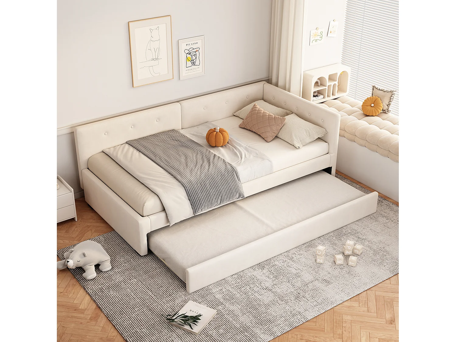 90×200 cm – łóżko dla dzieci – z zagłówkiem, listwowym stelażem – beżowy aksamit – materac nie jest w cenie 4824409