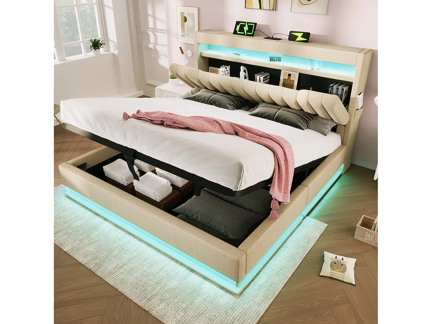 Łóżko dla dorosłych 180x200 cm - z zagłówkiem LED, złączem USB i typem C oraz hydraulicznym schowkiem - pościel - beżowe - bez materaca 4824411 - obrazek 1