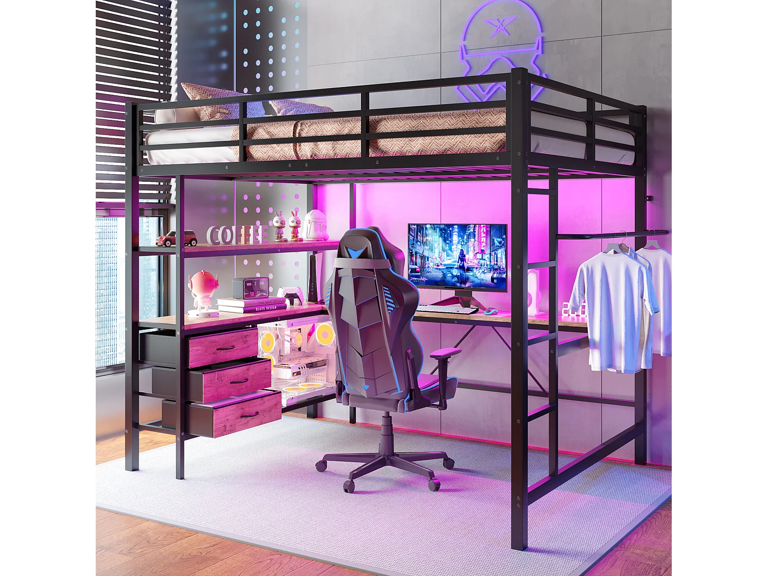 Łóżko górskie 140 x 200 cm – z oświetleniem LED i 3 szufladami – czarne – bez materaca 4824413 - obrazek 1