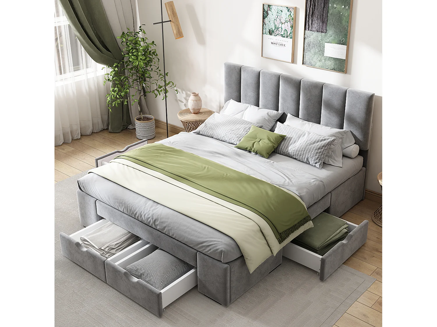 Łóżko dla dorosłych 140x200 cm - z zagłówkiem, 4 szufladami, stelażem - aksamit - szare - bez materaca 4824428 - obrazek 1