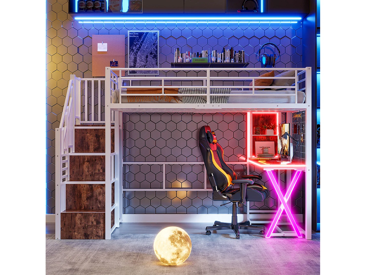 Łóżko górskie 90 x 200 cm - z oświetleniem LED i półkami - białe - bez materaca 4824418 - obrazek 1