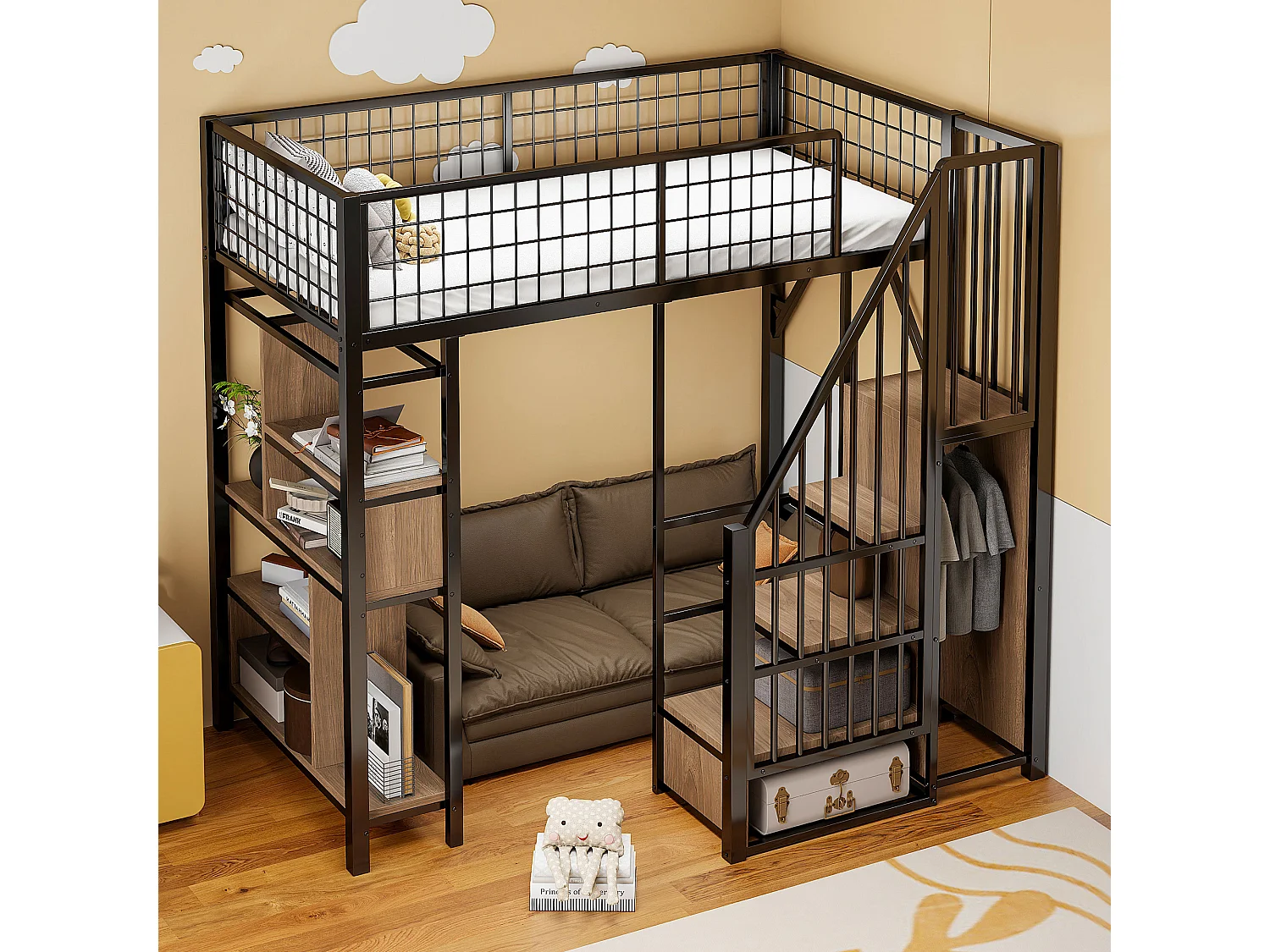 Łóżko montowane 90x200 cm – łóżko młodzieżowe z półkami i schowkiem – czarne 4824429 - obrazek 1