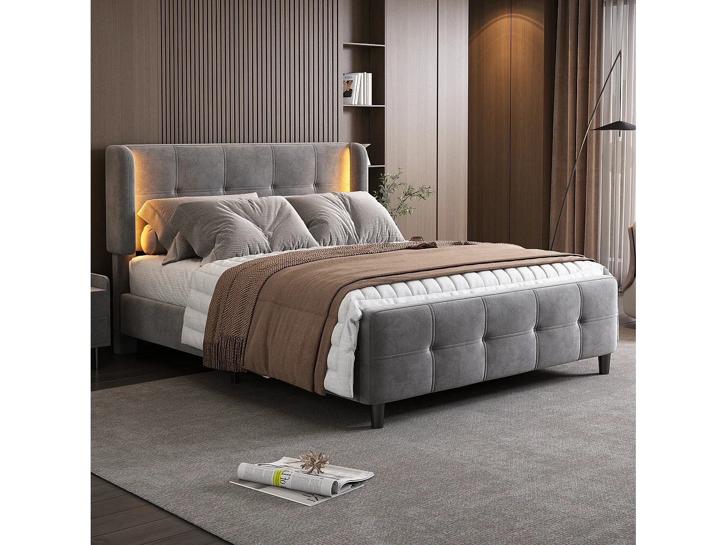 Łóżko dla dorosłych 140 x 200 cm – z zagłówkiem, oświetleniem LED, stelażem – aksamit – szare – bez materaca 4824434