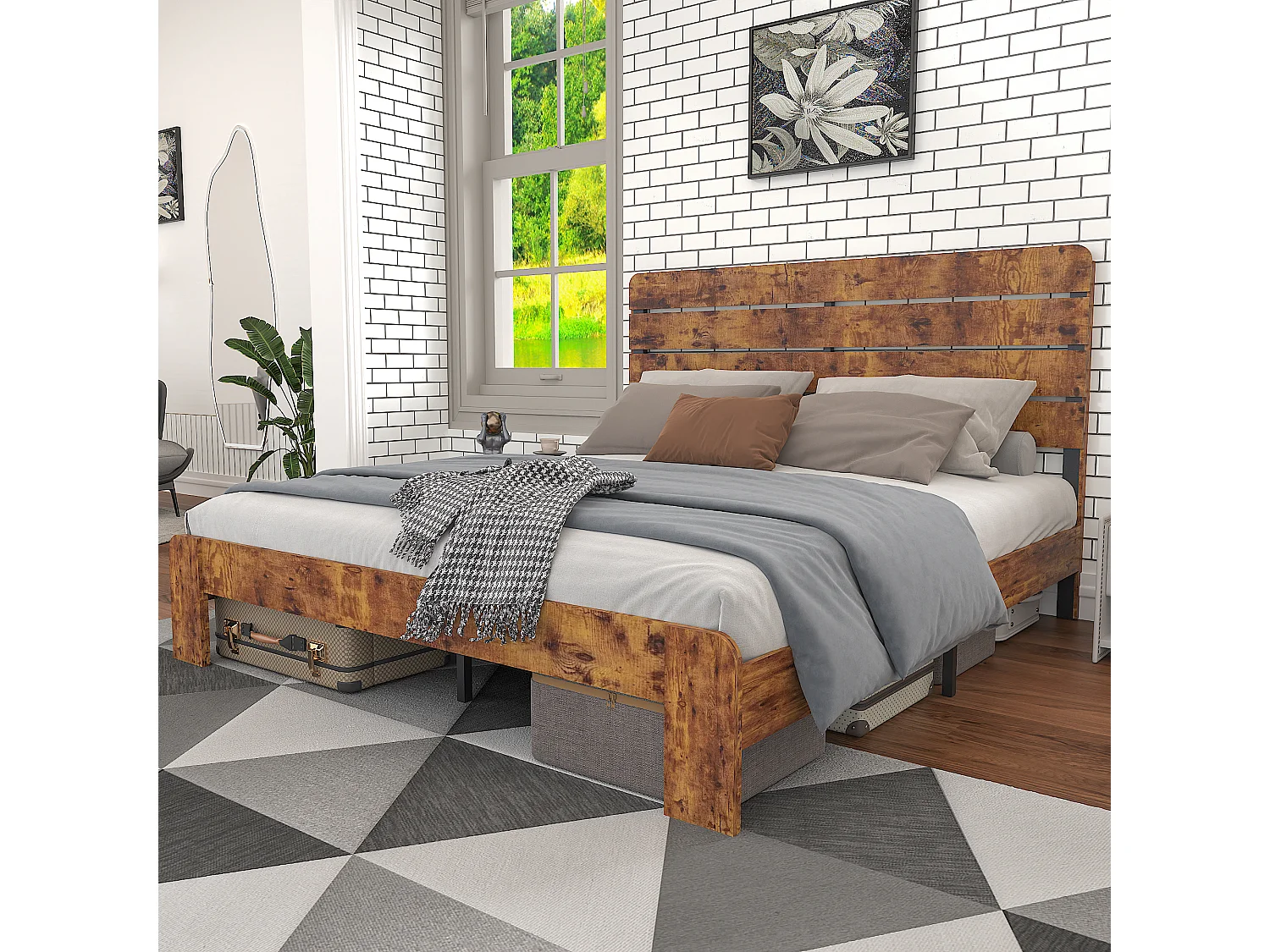 Łóżko dla dorosłych 140x200 cm - z wysokim zagłówkiem, metalowy stelaż - brązowy - materac nie jest wliczony w cenę 4824443 - obrazek 1