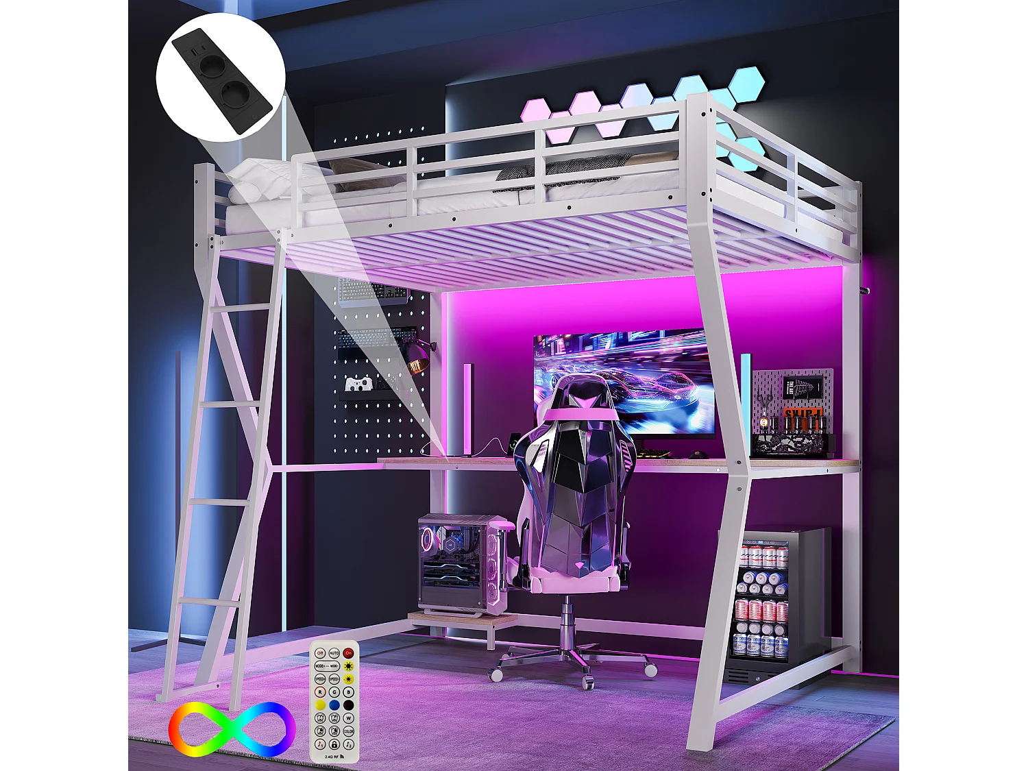 Łóżko piętrowe 140x200 cm - łóżko dla dorosłych z oświetleniem LED i USB, biurko - białe - materac nie jest wliczony w cenę 4824425 - obrazek 1