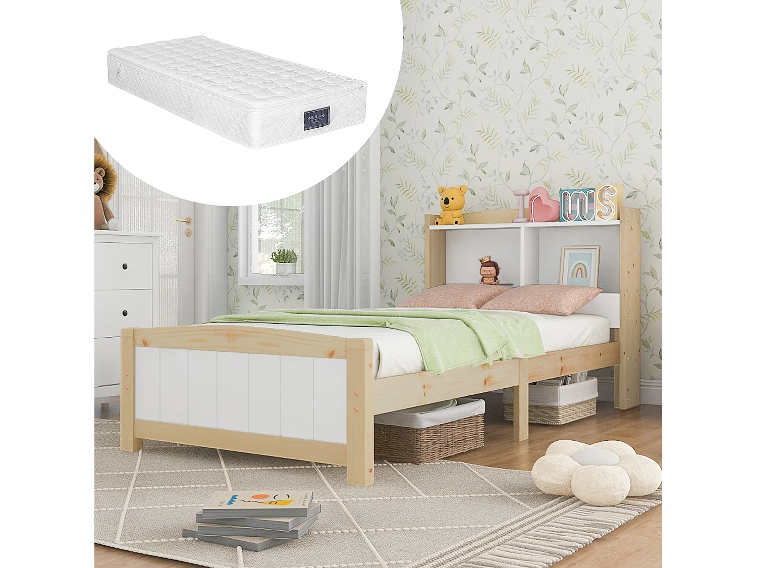 Łóżko dziecięce 90x200 cm - z zagłówkiem, schowkiem, półkami, stelażem - drewno - białe - materac w cenie 4824442 - obrazek 1