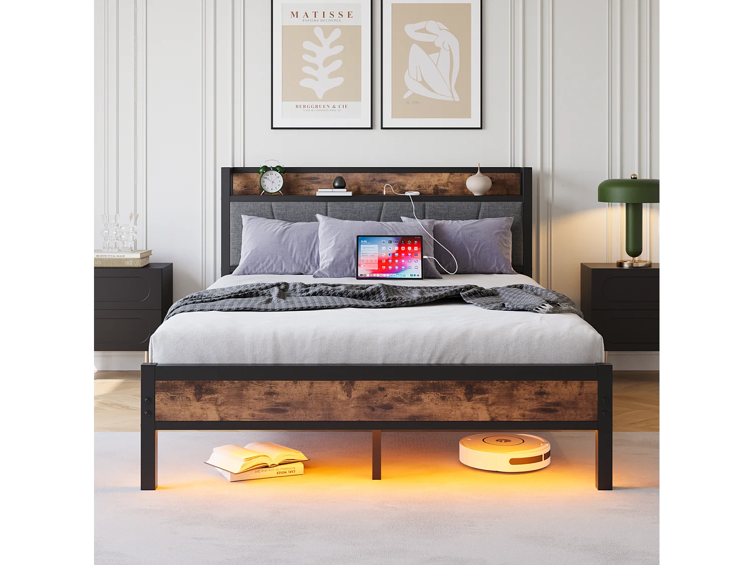 Łóżko dla dorosłych 140x200 cm - z zagłówkiem, diodami LED i gniazdem USB - brązowo-czarne - bez materaca 4824444 - obrazek 1