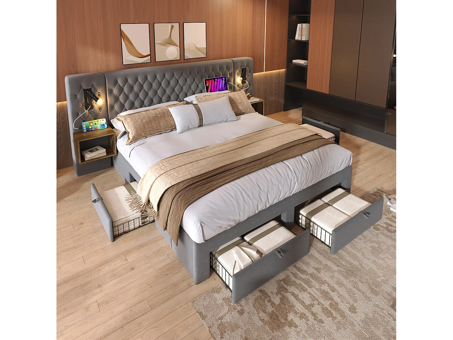 Łóżko dla dorosłych 160x200 cm - z oświetleniem LED i USB, 4 szuflady - szary aksamit - bez materaca 4824458 - obrazek 1