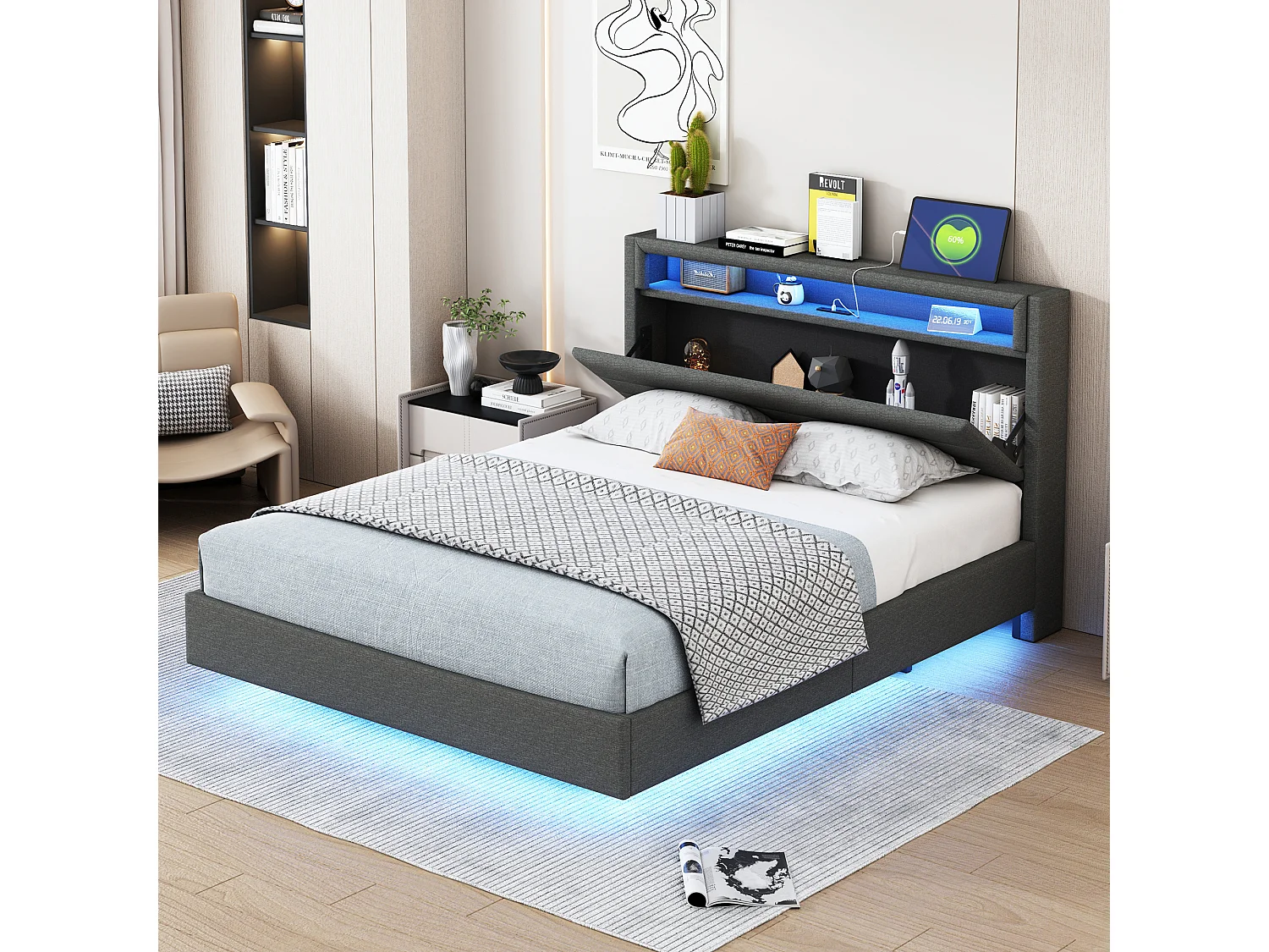Łóżko dla dorosłych 140x200 cm - z portem USB, oświetleniem LED, zagłówkiem ze schowkiem - szary len - materac nie jest wliczony w cenę 4824466 - obrazek 1