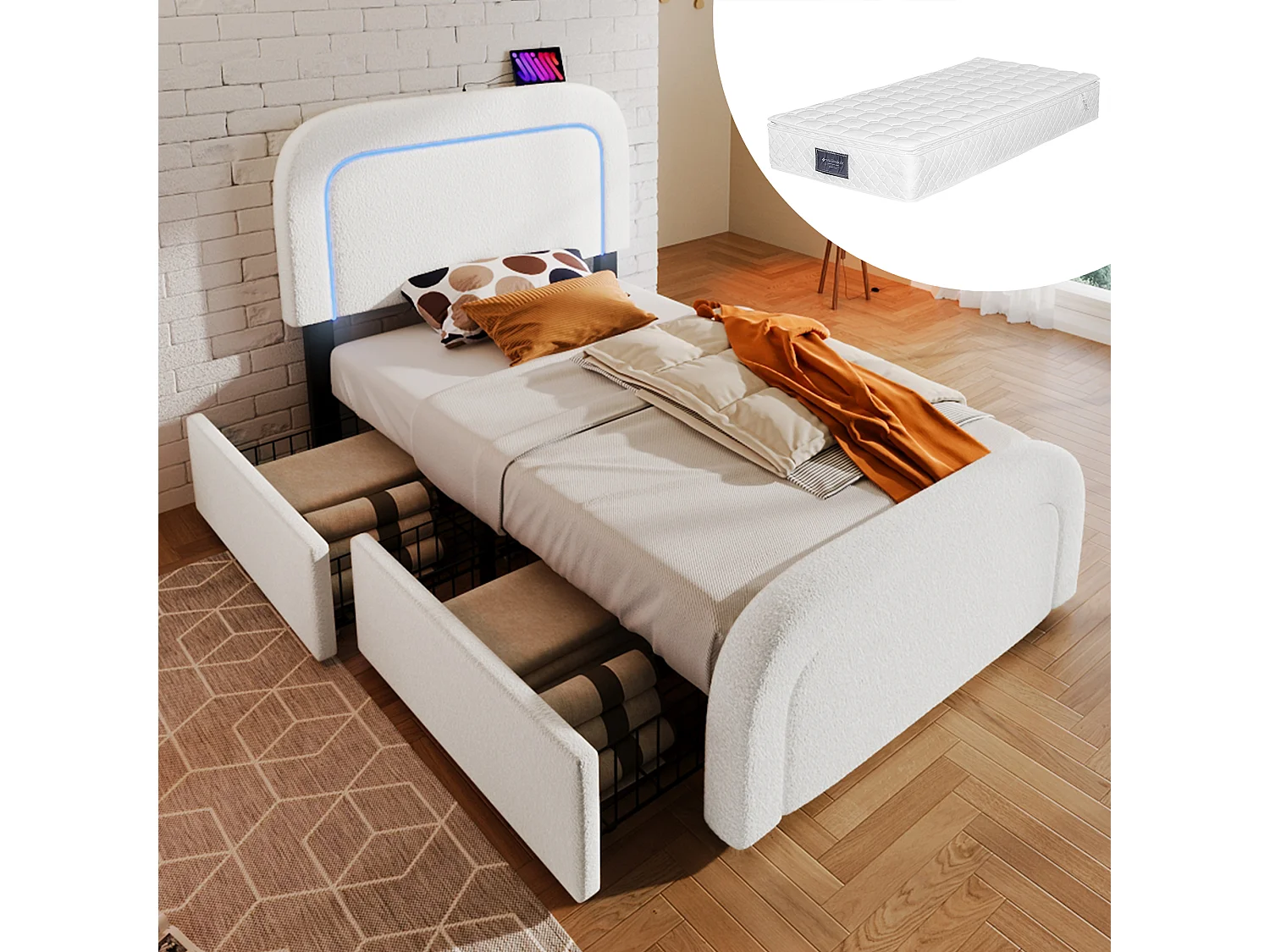 Łóżko dziecięce 90x200 cm - porty USB i USB typu C, oświetlenie LED, 2 szuflady - biały aksamit - materac w cenie 4824473 - obrazek 1