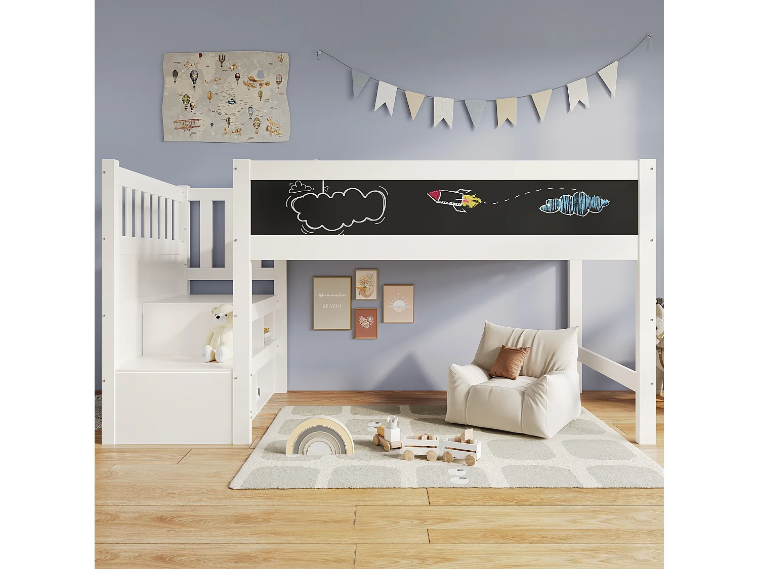 Łóżko piętrowe 90x200 cm - łóżko dziecięce z drabinką i deską do rysowania - barierka - białe - bez materaca 4824472 - obrazek 1