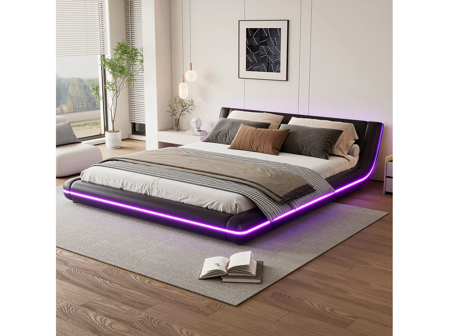 Łóżko dla dorosłych 160x200 cm - Łóżko dla dorosłych z oświetleniem LED - czarny poliuretan - bez materaca 4824477 - obrazek 1