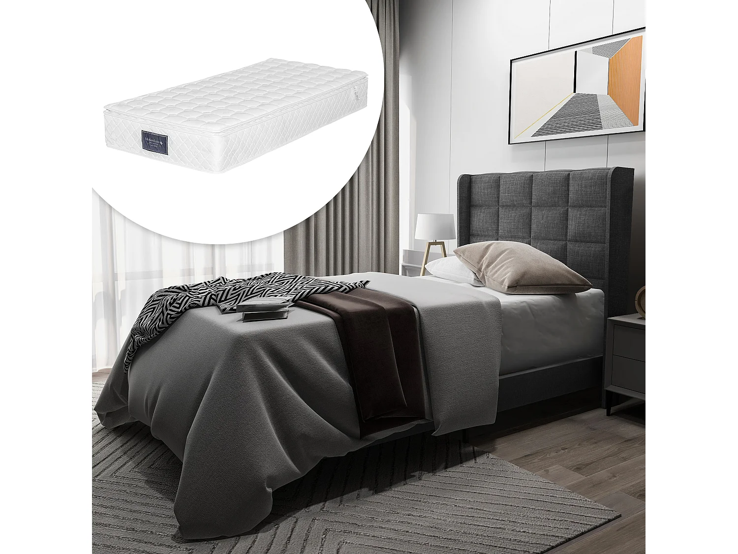 Łóżko dziecięce 90x200 cm - z zagłówkiem, stelażem - len - szare - materac w cenie 4824484 - obrazek 1