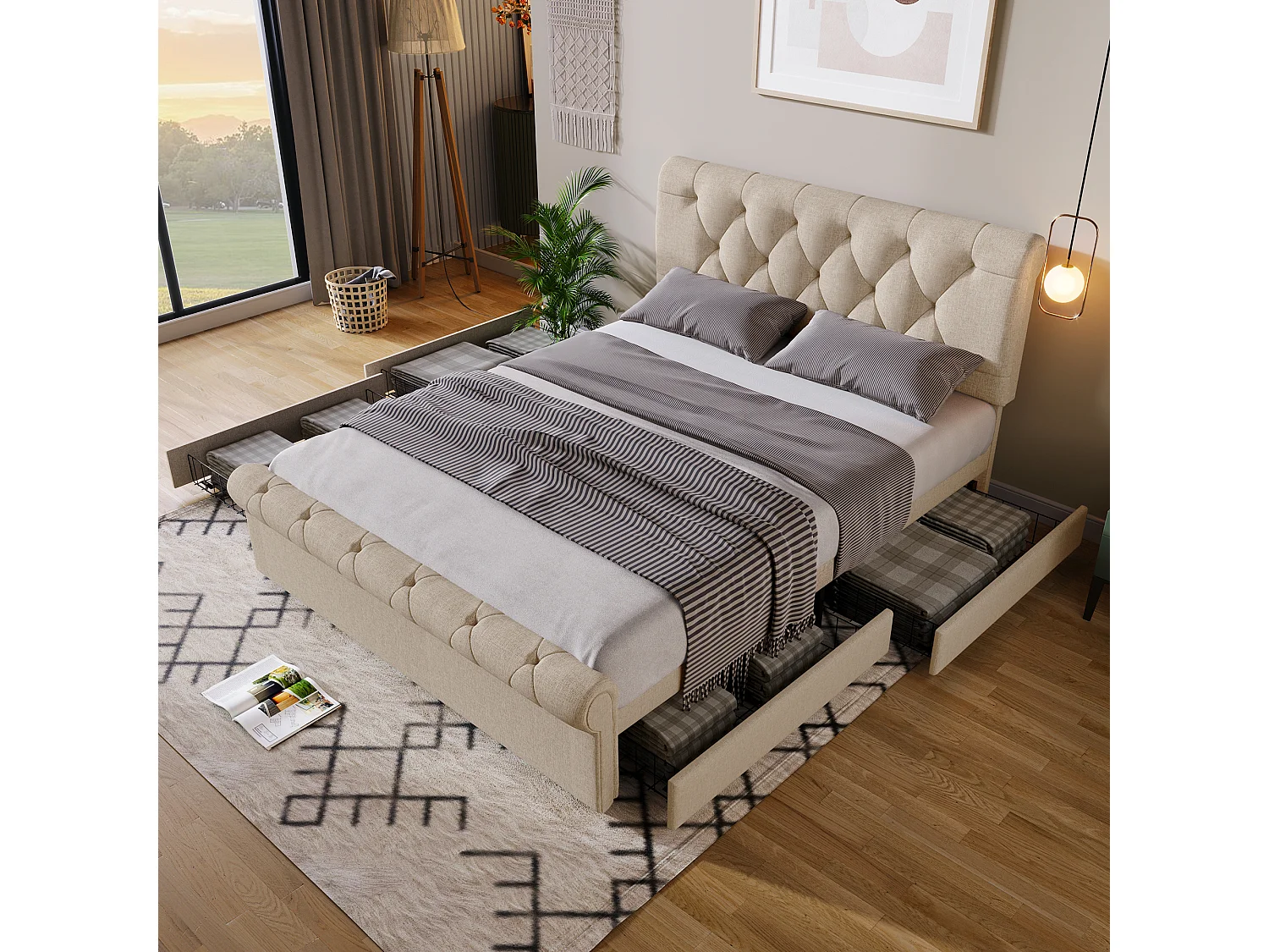 Łóżko dla dorosłych 140x200 cm - Łóżko podwójne z regulowanym zagłówkiem i 4 szufladami - pościel - kolor naturalny - materac nie jest wliczony w cenę. 4824488 - obrazek 1