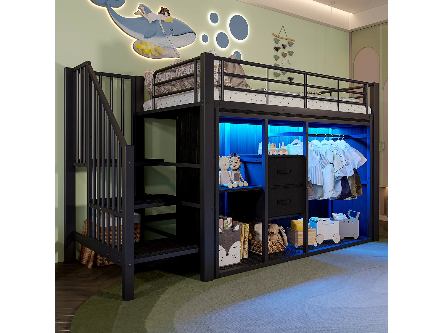 Łóżko piętrowe 90x200 cm - Łóżko dziecięce z 2 szufladami i schowkiem - czarny metal - materac nie jest wliczony w cenę 4824489 - obrazek 1