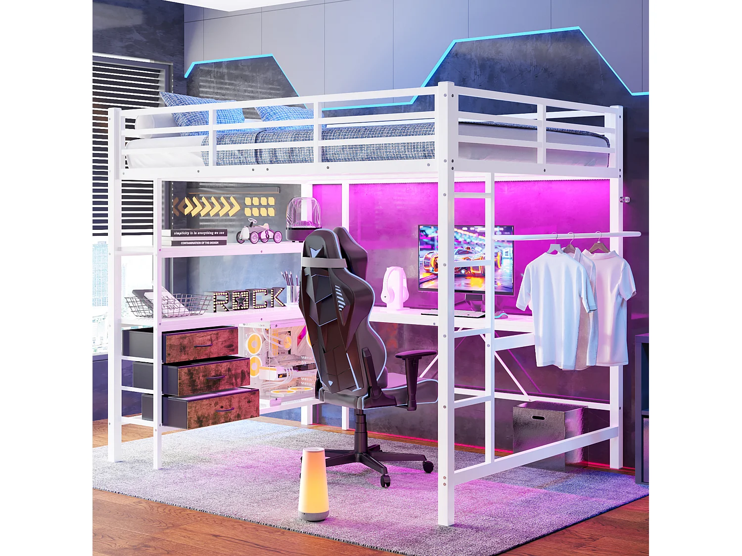 Łóżko górskie 140 x 200 cm – z oświetleniem LED i 3 szufladami – białe – bez materaca 4824492 - obrazek 1