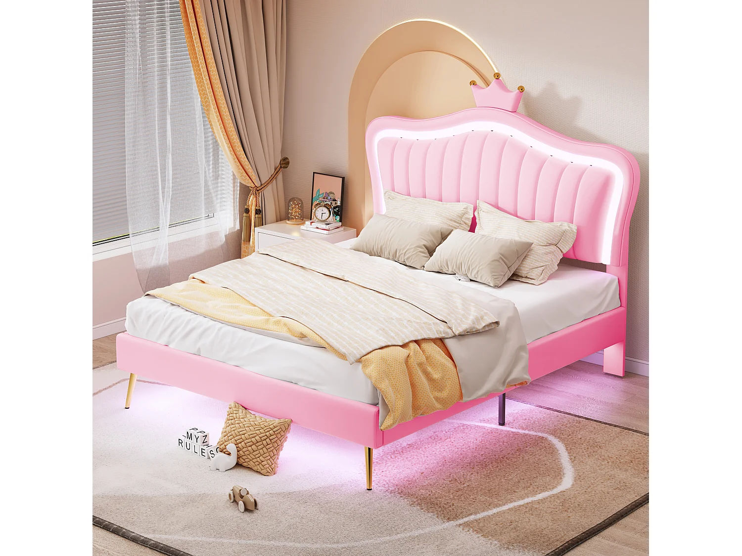Łóżko dziecięce 140 x 200 cm – z zagłówkiem, oświetleniem LED, stelażem – różowe – bez materaca 4824500 - obrazek 1