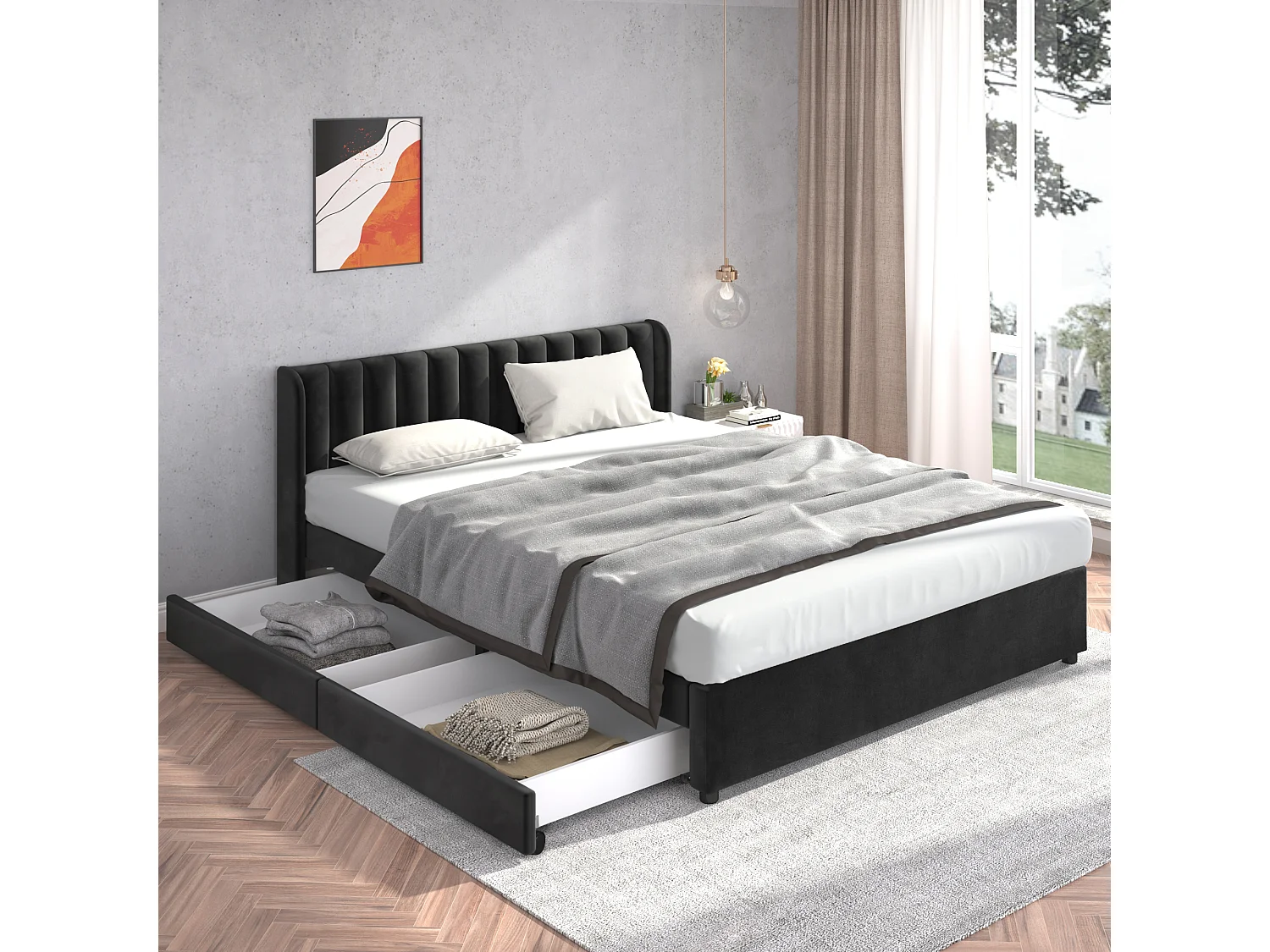 Łóżko dla dorosłych 180x200 cm - z zagłówkiem i 2 szufladami - czarny aksamit - bez materaca 4824502 - obrazek 1