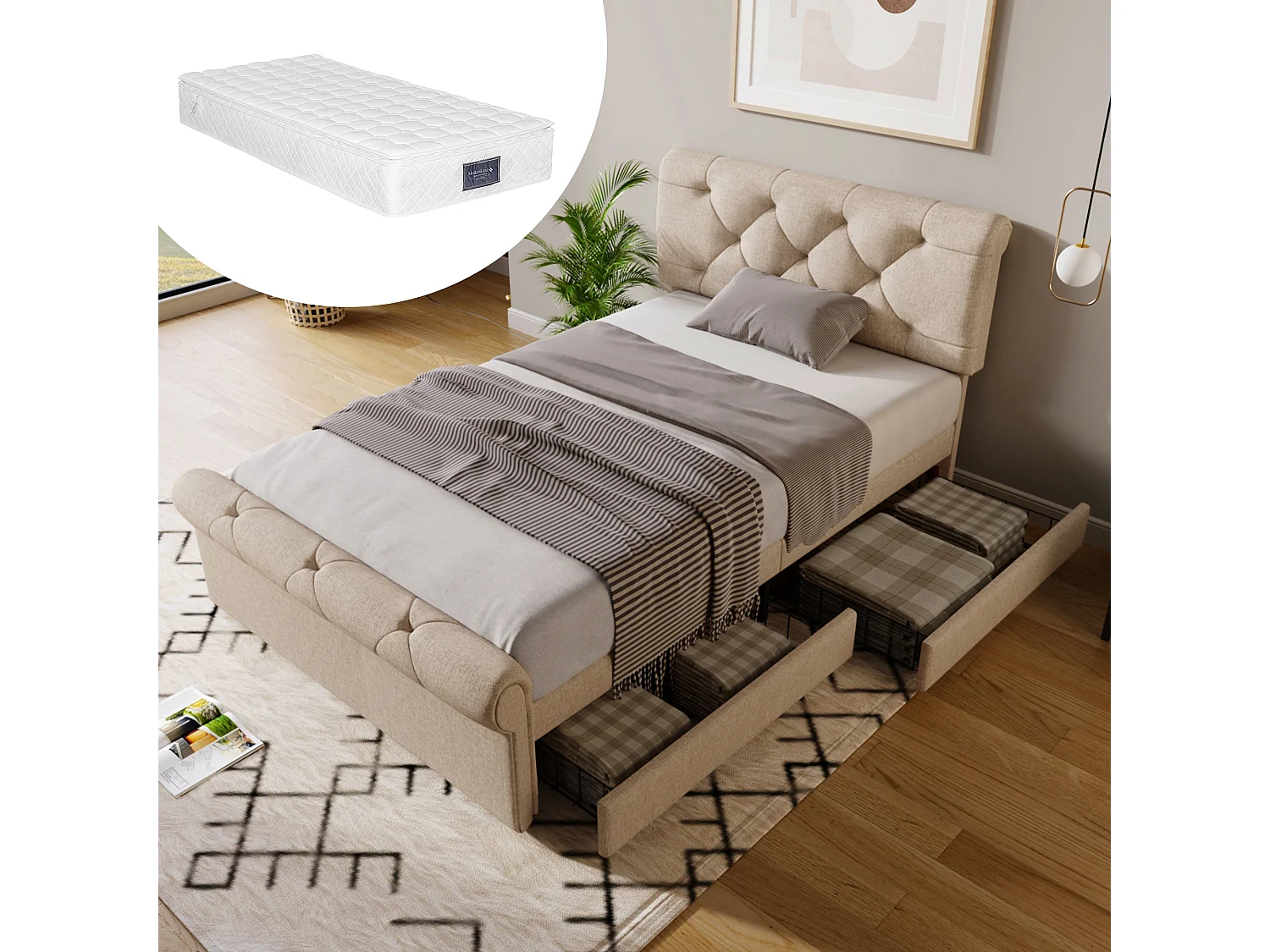 Łóżko dziecięce 90 x 200 cm - z 2 szufladami, stelażem z listew - naturalny len - materac wliczony w cenę 4824503 - obrazek 1