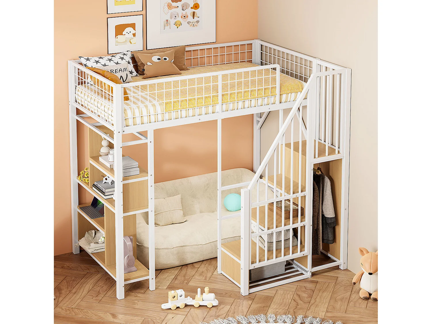 Łóżko montowane 90x200 cm – łóżko młodzieżowe z półkami i schowkiem – białe 4824505 - obrazek 1