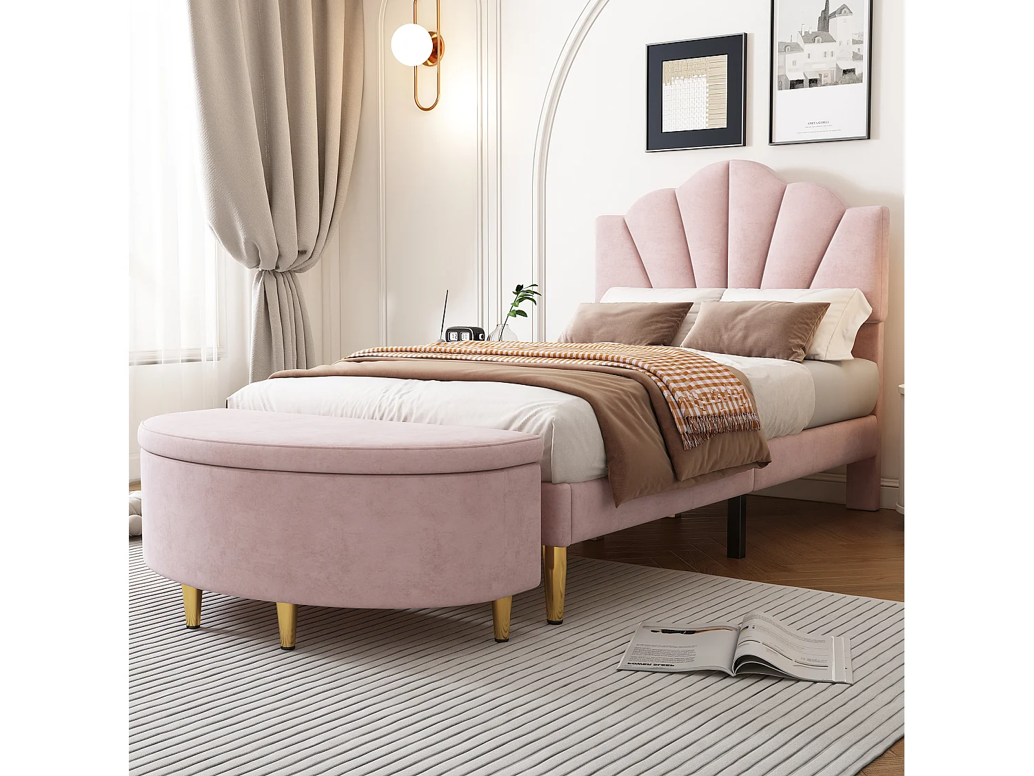 Łóżko dziecięce 90x200 cm - z zagłówkiem, stelażem - aksamitne - różowe - materac nie jest wliczony w cenę 4824519 - obrazek 1