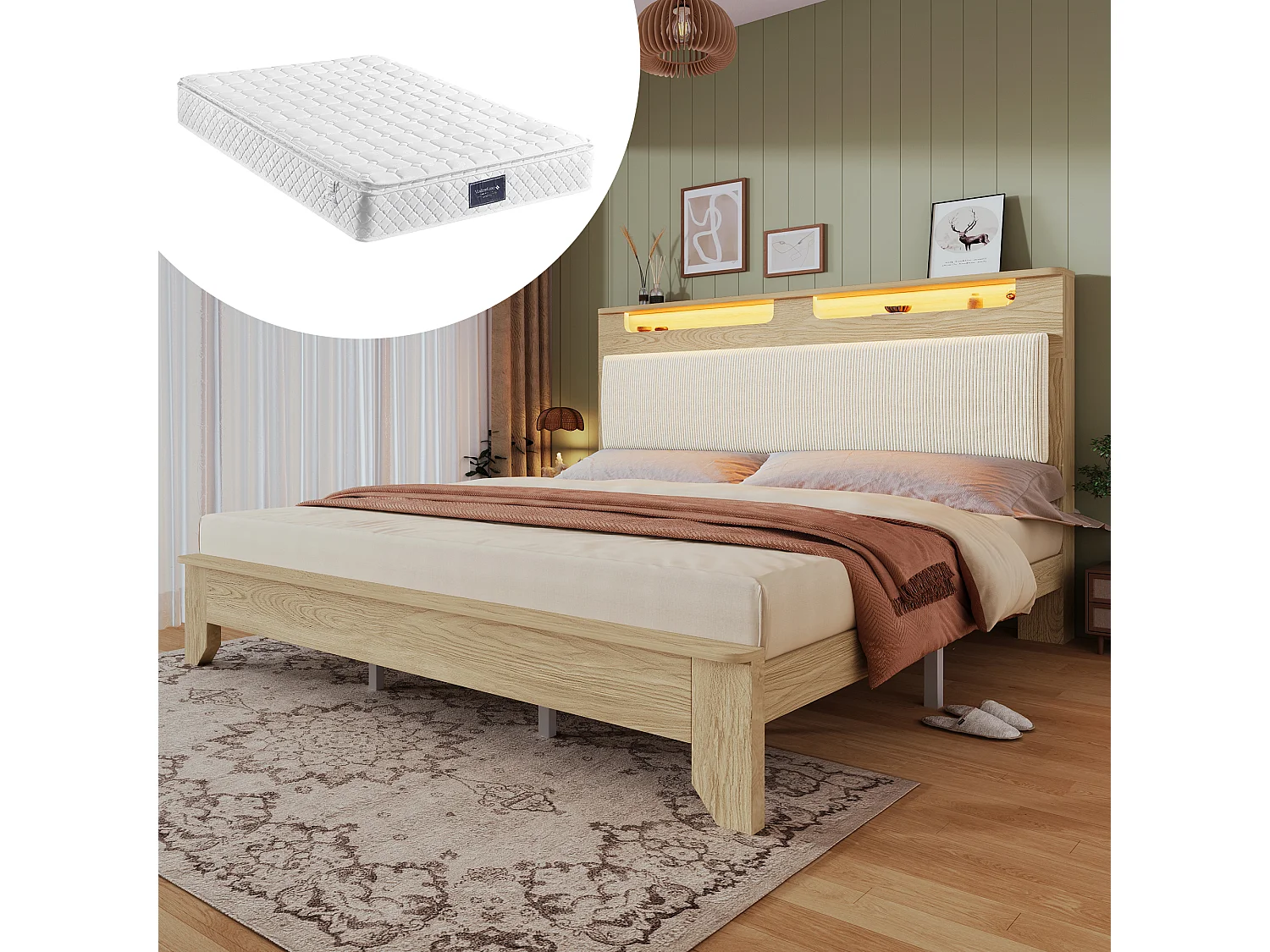 Łóżko dla dorosłych 140x200 cm - Łóżko podwójne z oświetleniem LED - naturalne - materac w zestawie 4824515 - obrazek 1