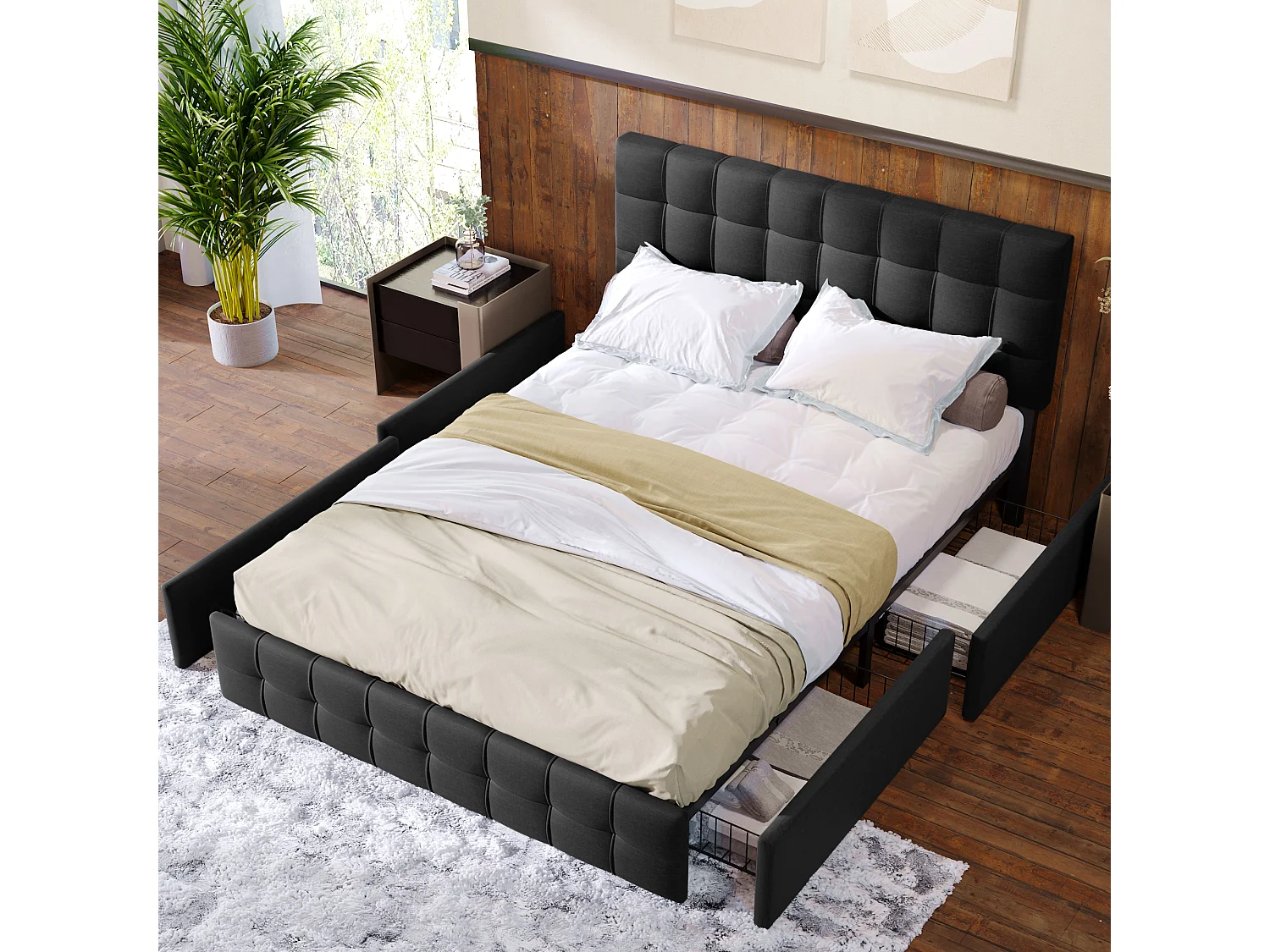 Łóżko dla dorosłych 140 x 200 cm – z zagłówkiem i 4 szufladami – czarny len – bez materaca 4824516 - obrazek 1