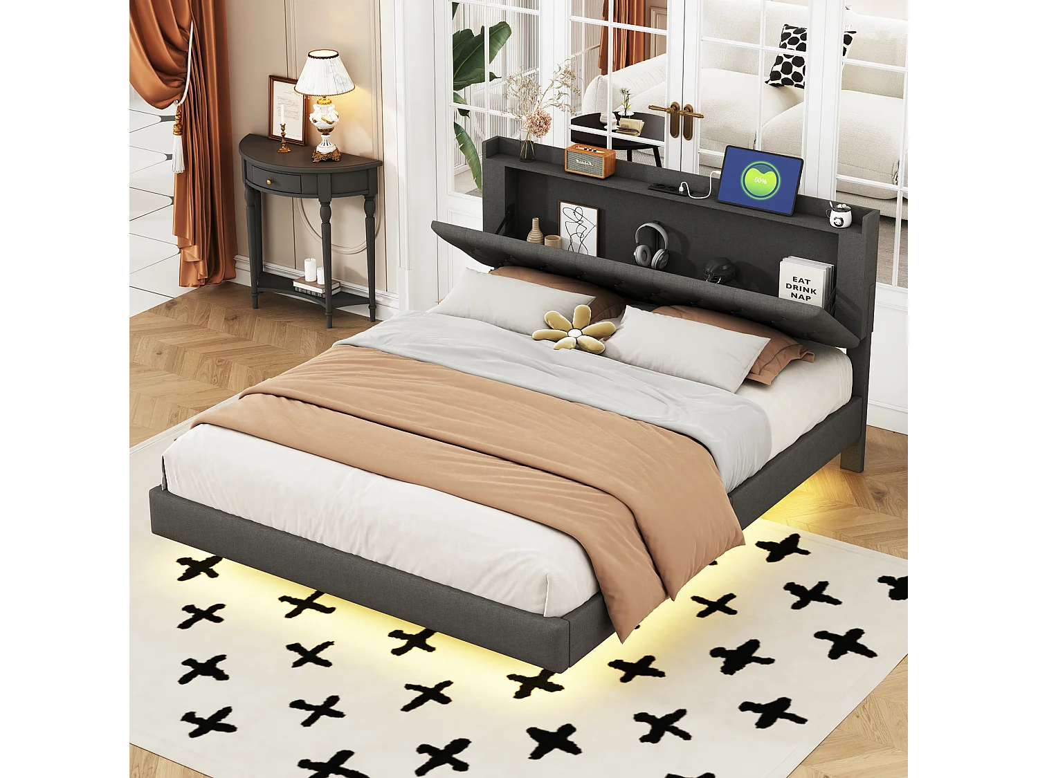 Łóżko dla dorosłych 160 x 200 cm – z oświetleniem LED, zagłówkiem, stelażem – len – szare 4824526 - obrazek 1