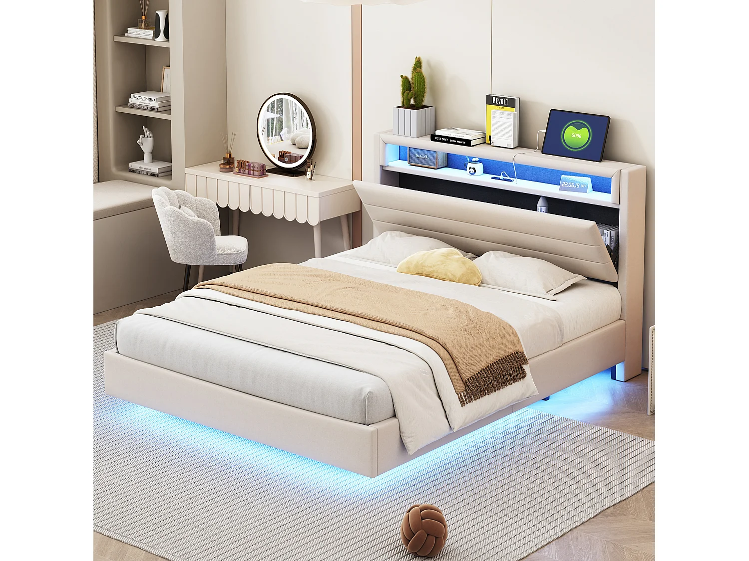 Łóżko dla dorosłych 140x200 cm - z zagłówkiem ze schowkiem, USB, LED - pościel - beżowe - materac nie jest wliczony w cenę 4824531 - obrazek 1