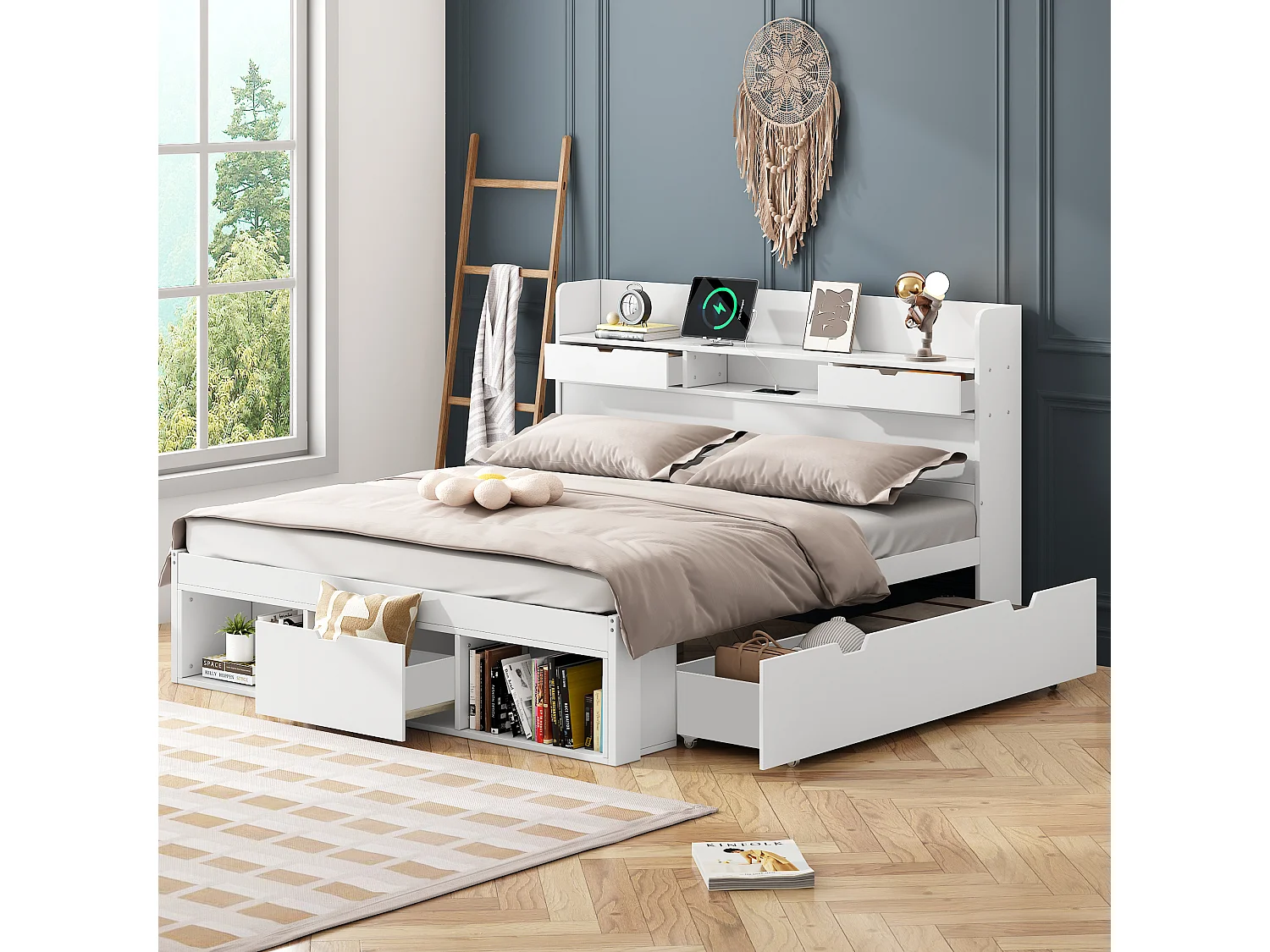 Łóżko dla dorosłych 140 x 190 cm – z zagłówkiem i szufladami, USB/Typ C – biała sosna – bez materaca 4824545 - obrazek 1