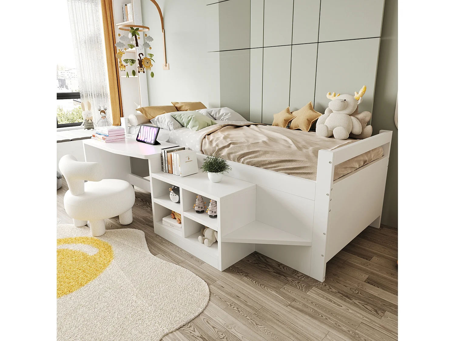 Łóżko dziecięce 90x200 cm - Łóżko młodzieżowe z biurkiem i schowkami - białe - bez materaca 4824630 - obrazek 1