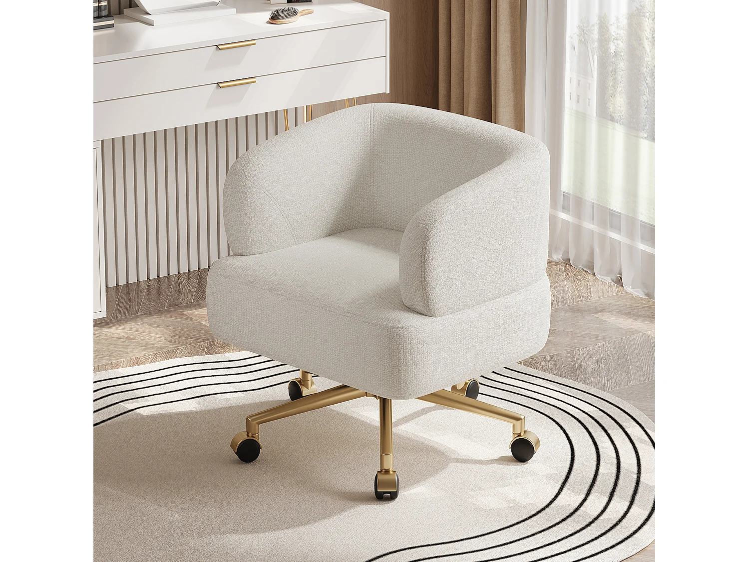 Fotel obrotowy wypoczynkowy - 71 x 60 x 71 cm - z 5 kółkami - obrotowy 360° - szenil - beżowy 4824839 - obrazek 1