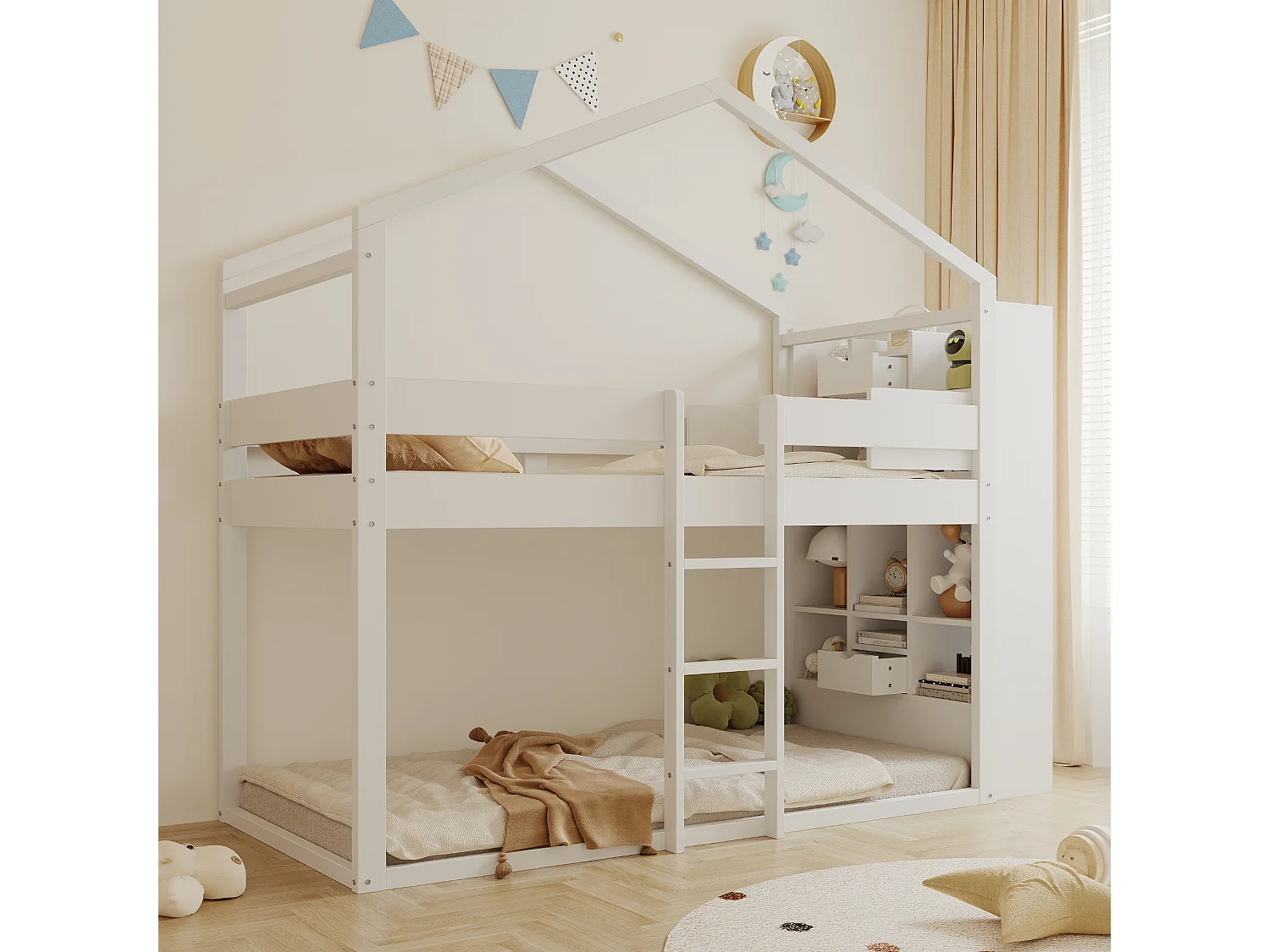 Łóżko piętrowe dla dzieci - 2 x 90 x 200 cm - w kształcie domku - z szufladami + półka - drewno - białe 4824864 - obrazek 1