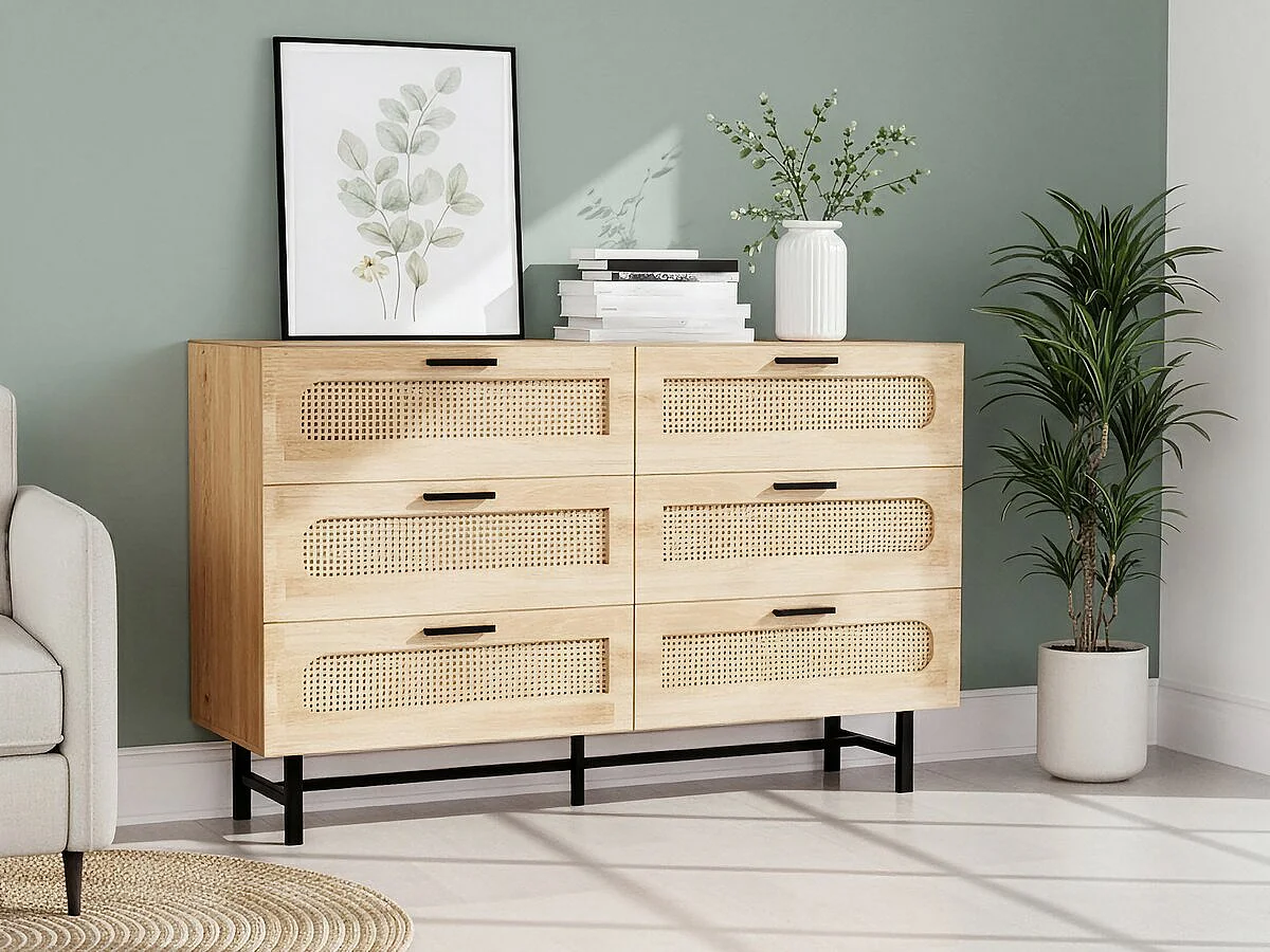Beżowa komoda drewniana "Harrison" z 6 szufladami 120x40x75 cm z metalowymi nogami, naturalny design i pojemne przechowywanie 4805773 - obrazek 1
