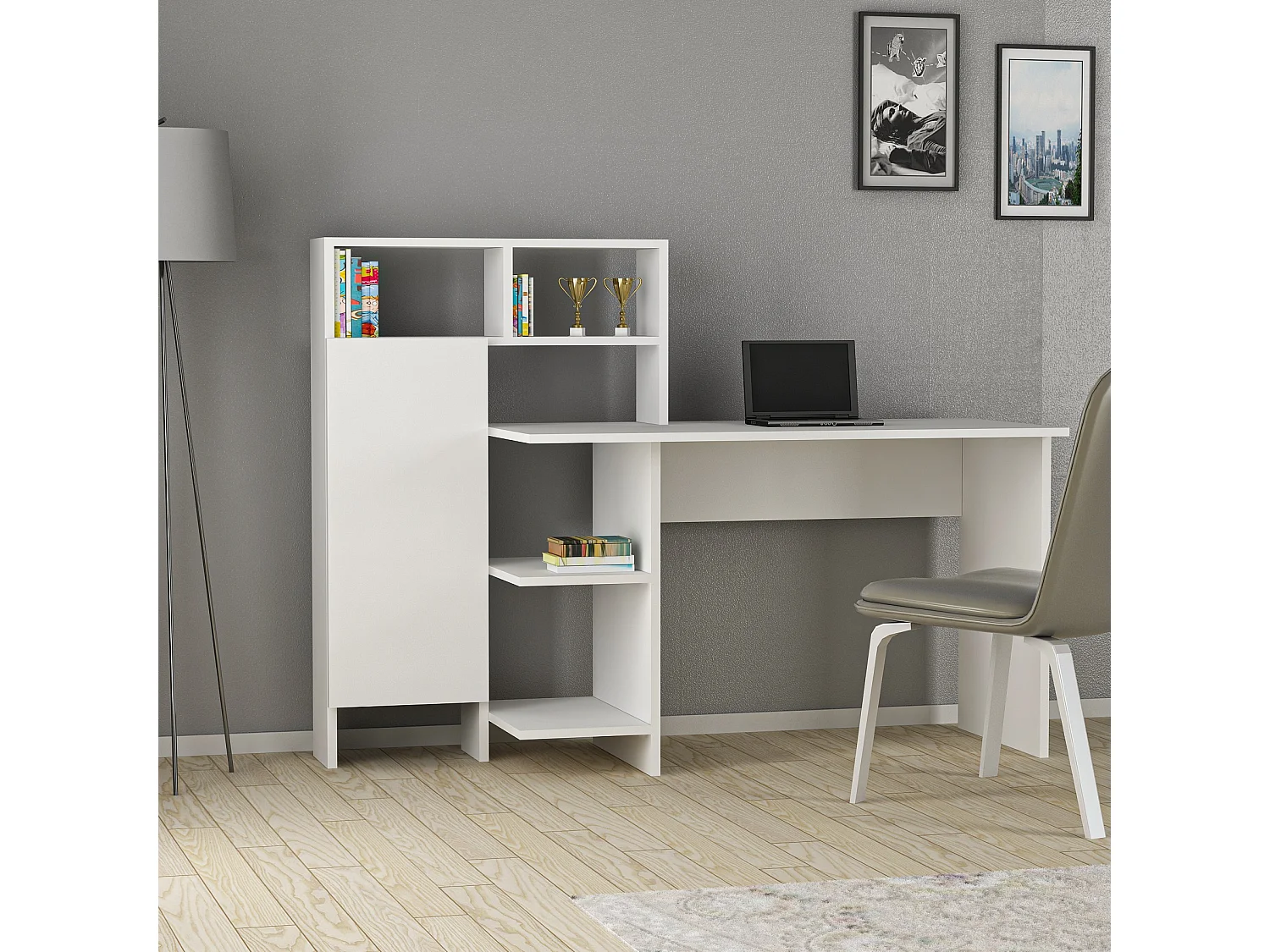 Białe biurko drewniane „Bugra” 135x60x111 cm z 5 półkami i 1 drzwiami, nowoczesny design i wbudowane przechowywanie 4822893