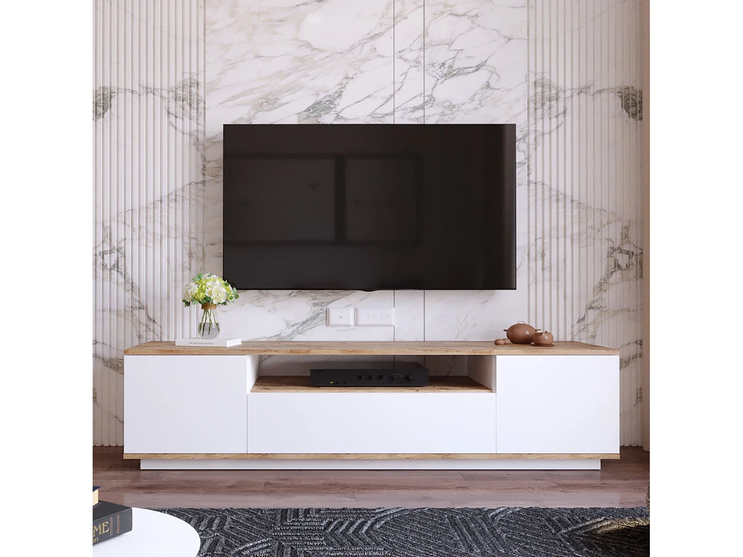 Biały drewniany mebel RTV FR7 180 cm z 3 drzwiami i 1 półką – nowoczesny design i optymalna organizacja 4822865