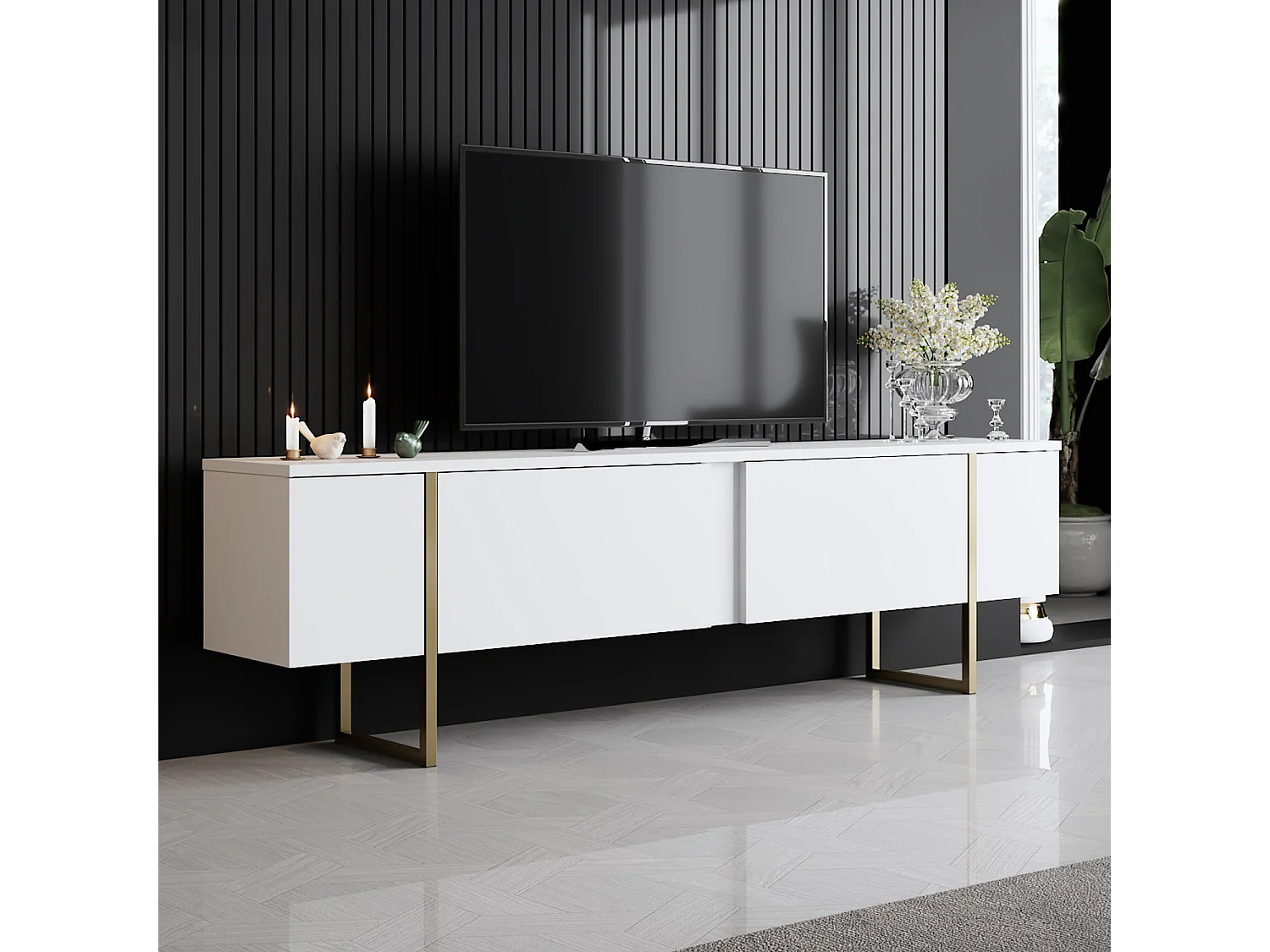 Białe Drewniane Meble RTV „Luxe” 180x30x50 cm, 2 Drzwi, Prostokątny Design, Wykończenie Melaminą, Wbudowane Miejsce do Przechowywania 4822859