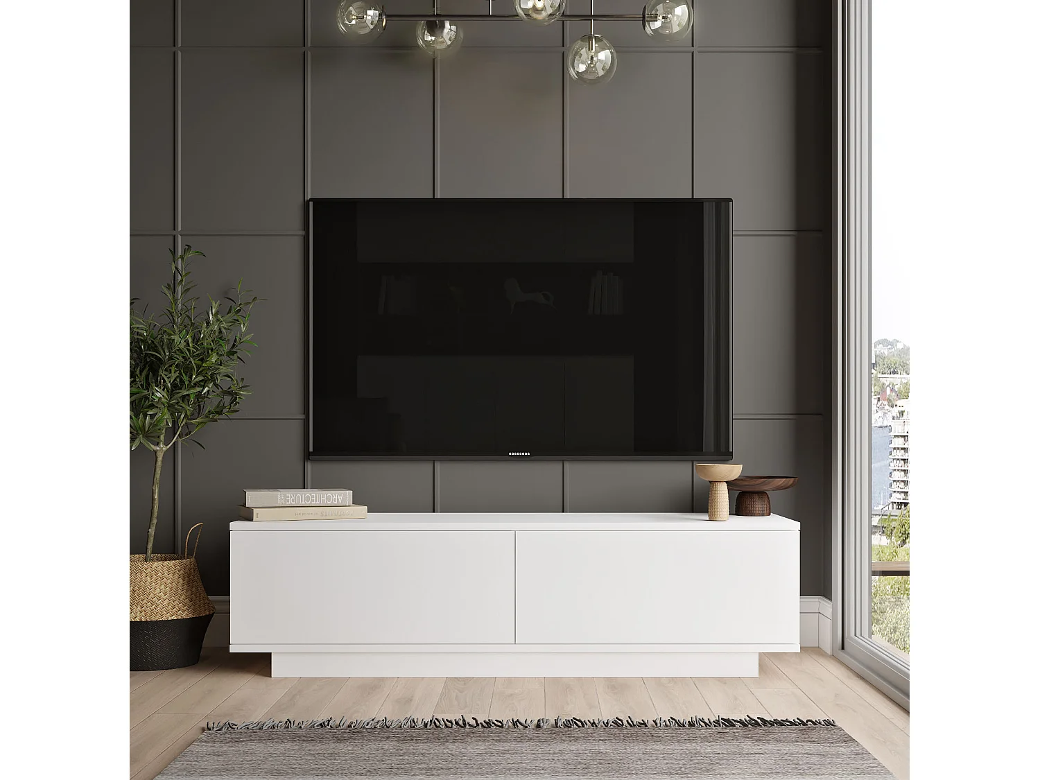 Biały drewniany mebel RTV „FN1” 140x35x38 cm, 2 drzwi, nowoczesny design, praktyczne przechowywanie, wykończenie melaminą 4822872