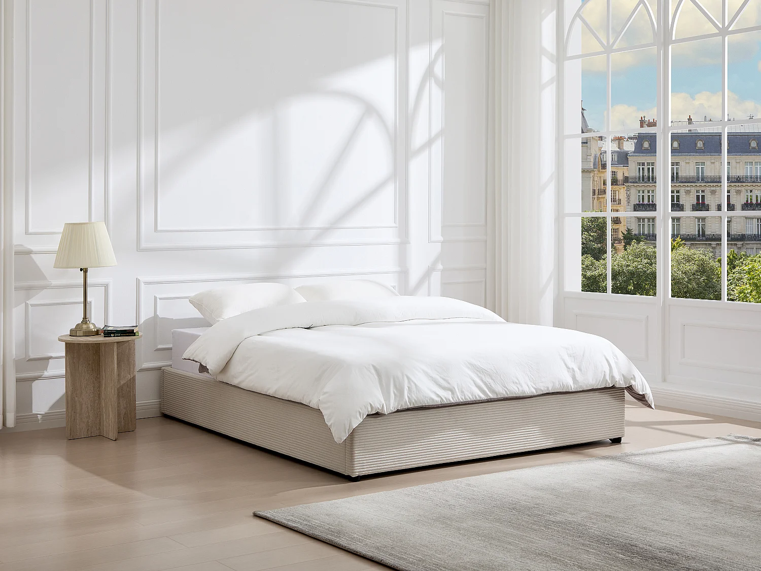 Stelaż ze skrzynią 180 x 200 cm z weluru – Beżowy – FIRMEO od YSMÉE 4582713