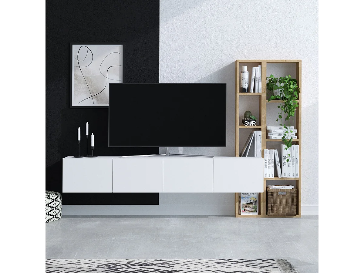 Elegancka szafka pod telewizor – 182 x 25 x 32 cm – Kolor biały i dąb – Płyta wiórowa 4831140 - obrazek 1