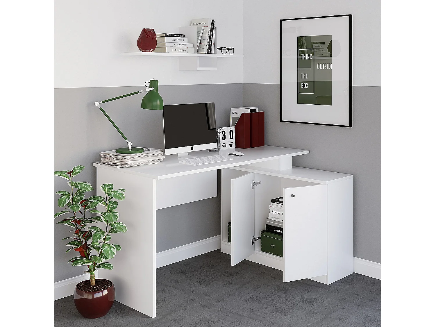 Białe drewniane biurko „Basak” 130x60x74 cm z 2 drzwiami i 1 półką, nowoczesny design i praktyczne przechowywanie 4831292