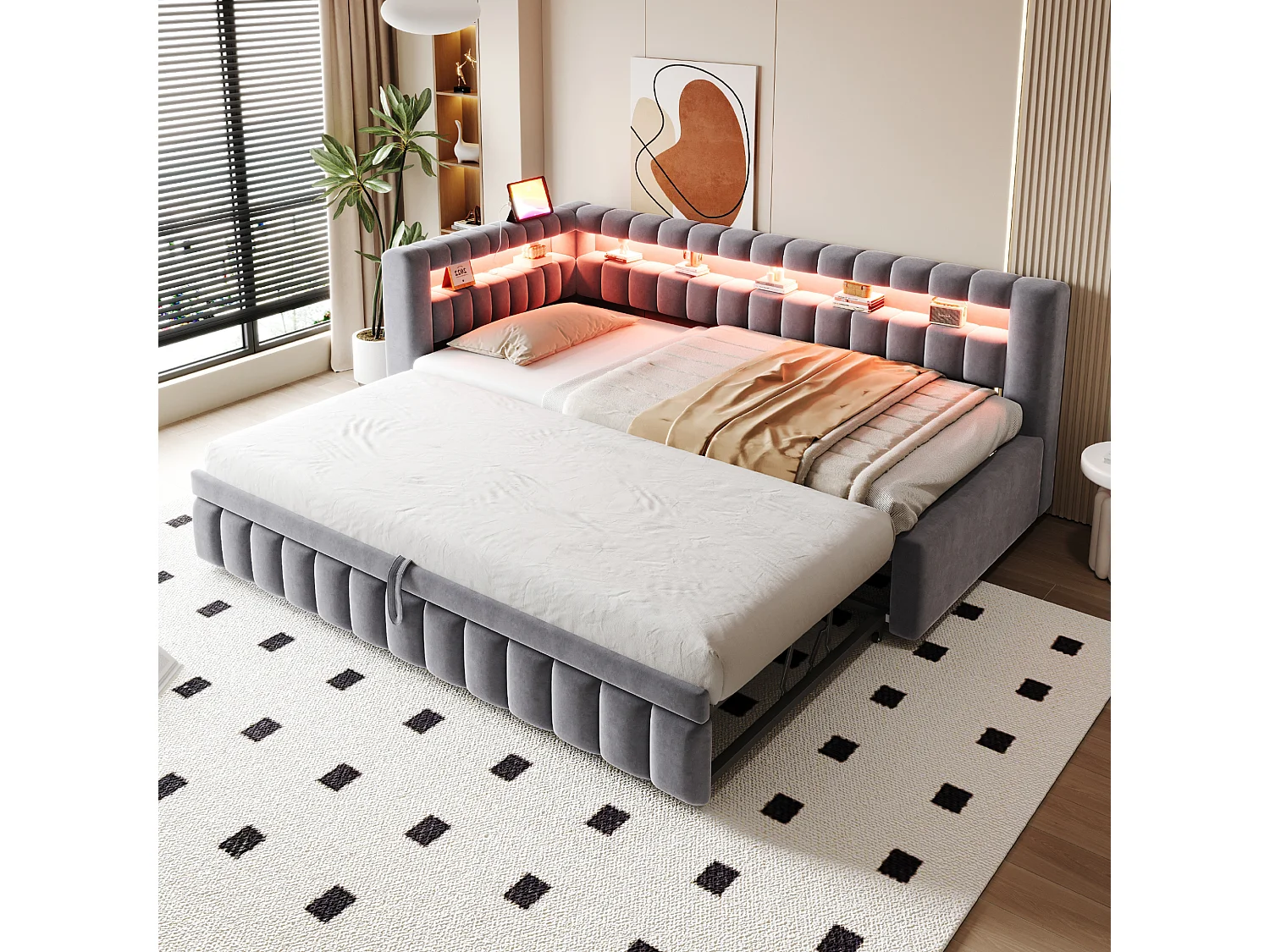 Łóżko dziecięce tapicerowane - 90 x 200 cm - z łóżkiem wysuwanym 90 x 190 cm + oświetlenie LED + zagłówek + oparcie - welur - szary 4832247 - obrazek 1