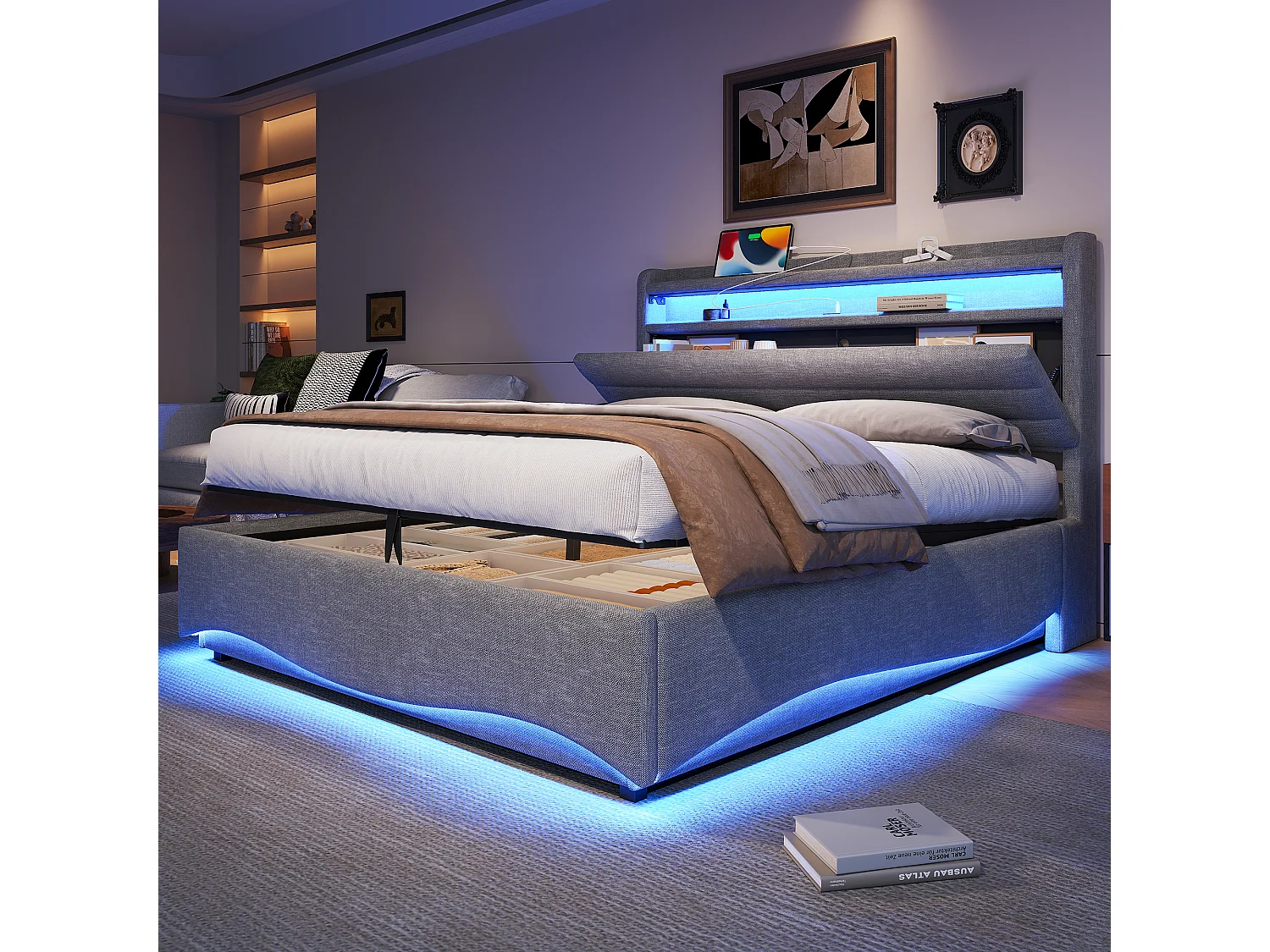 Łóżko hydrauliczne dla dzieci ze schowkiem - 140 x 200 cm - z diodami LED + USB + zagłówek ze schowkiem - len - szary 4832288 - obrazek 1