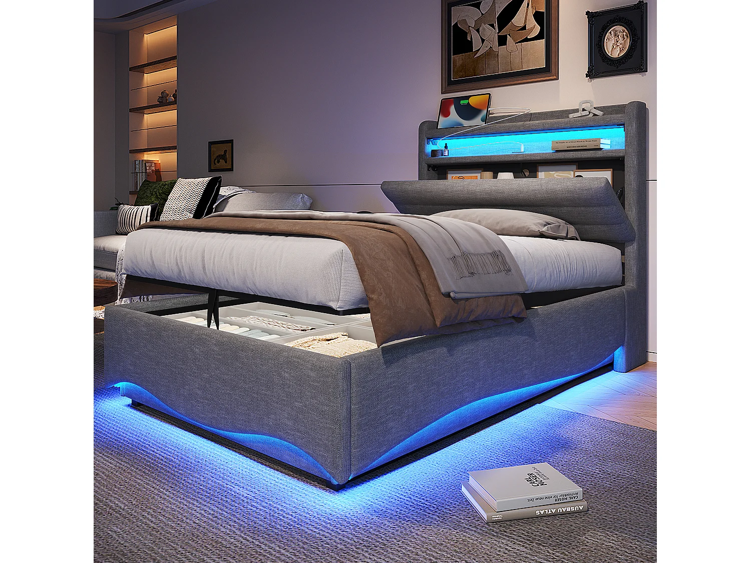 Łóżko hydrauliczne dla dzieci z pojemnikiem - 90 x 200 cm - z diodami LED + USB + zagłówek ze schowkiem - len - szary 4832299 - obrazek 1