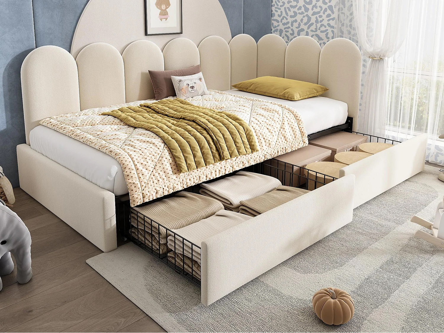 Rozkładana sofa 90x200 cm - z 2 szufladami - tkanina welurowa - z stelażem lamelowym - Beżowy​ (bez materaca) 4832302 - obrazek 1