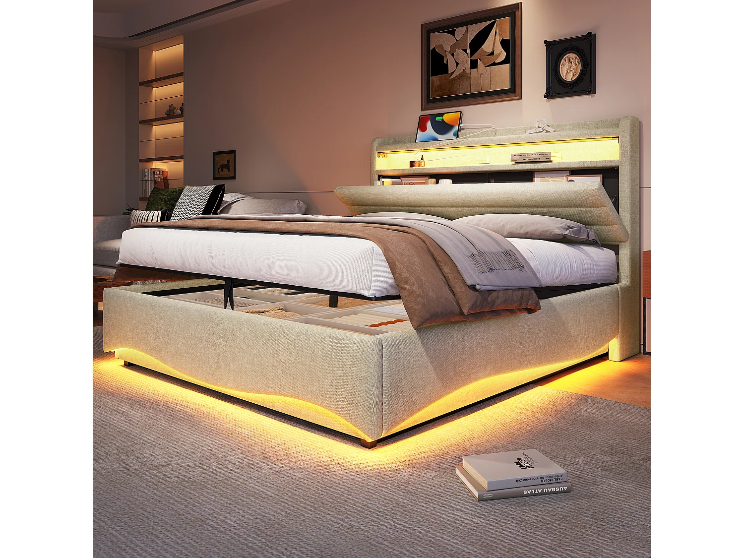 Łóżko hydrauliczne dla dzieci ze schowkiem - 140 x 200 cm - z diodami LED + USB + zagłówek ze schowkiem - len - beż 4832319 - obrazek 1