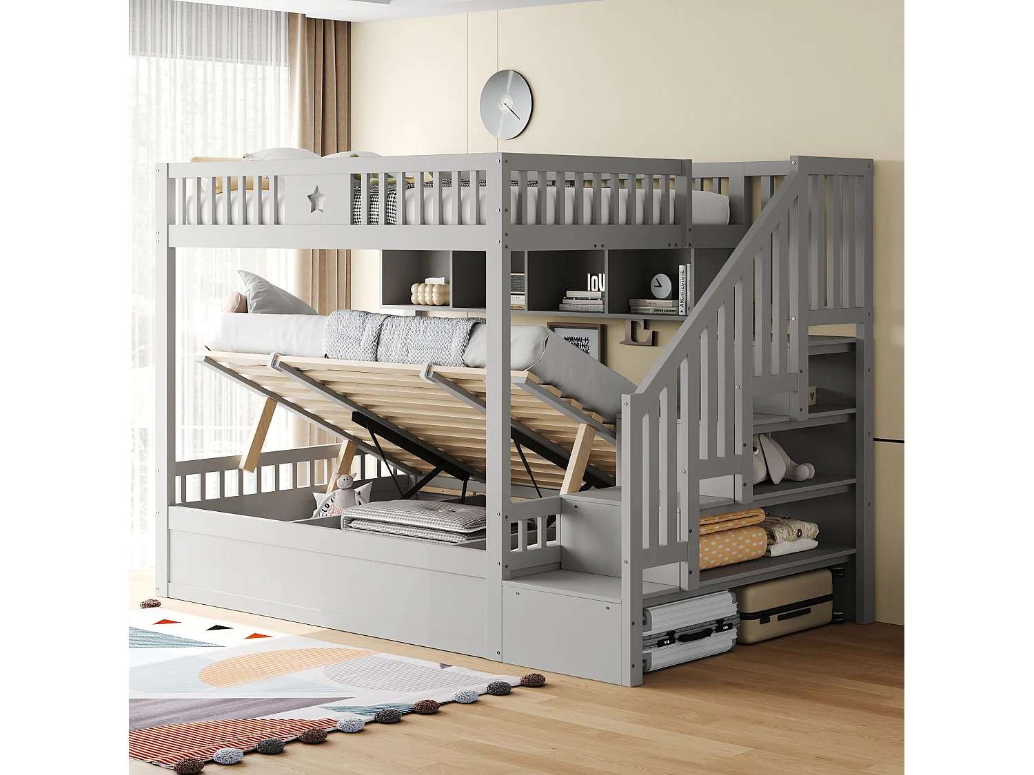 Łóżko piętrowe dla dzieci - 2 x 140 x 200 cm - z hydraulicznym schowkiem + drabinka + półki - drewno - szare 4832341 - obrazek 1