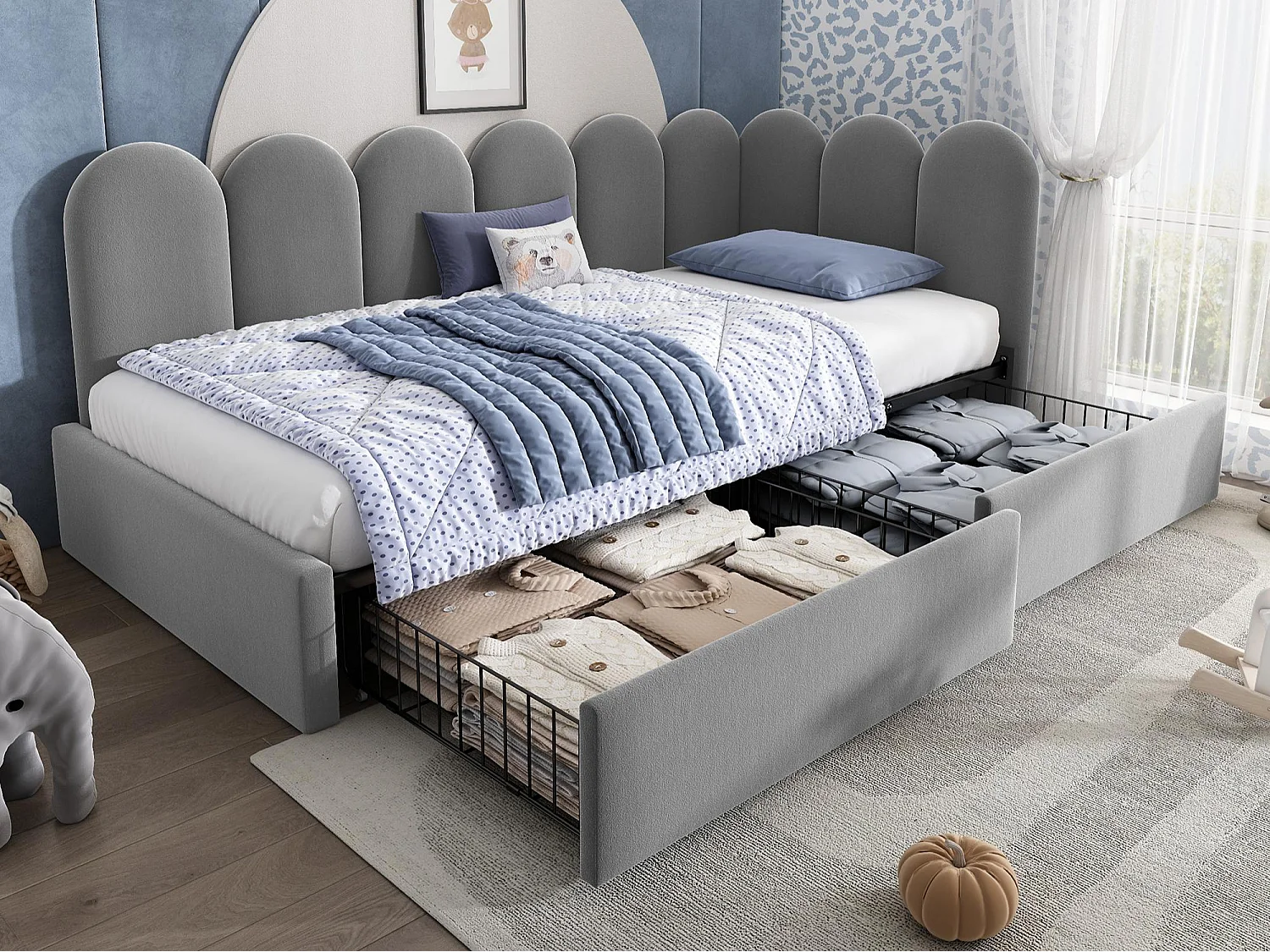 Rozkładana sofa 90x200 cm - z 2 szufladami - tkanina welurowa - z stelażem lamelowym - Szary​ (bez materaca) 4832355 - obrazek 1